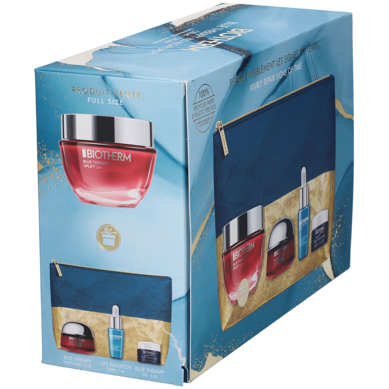 Geschenkset mit Kosmetika. Enthält Creme, Serum und Augencreme. Blaue Kosmetiktasche mit Reißverschluss. BIOTHERM-Logo. Produktabbildung.