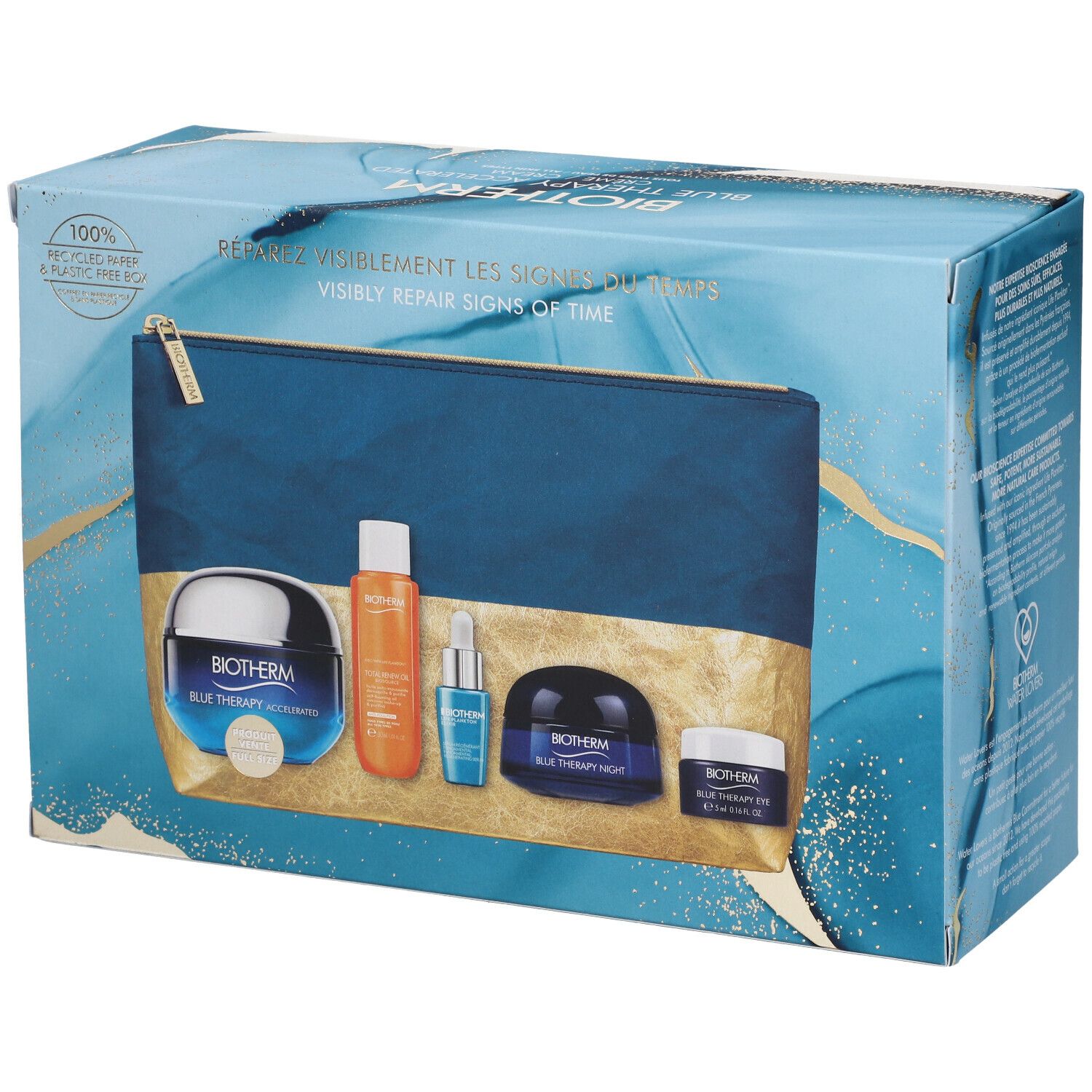 Coffret cadeau avec produits cosmétiques. Trousse de toilette bleue. Produits BIOTHERM. Fermeture éclair dorée.