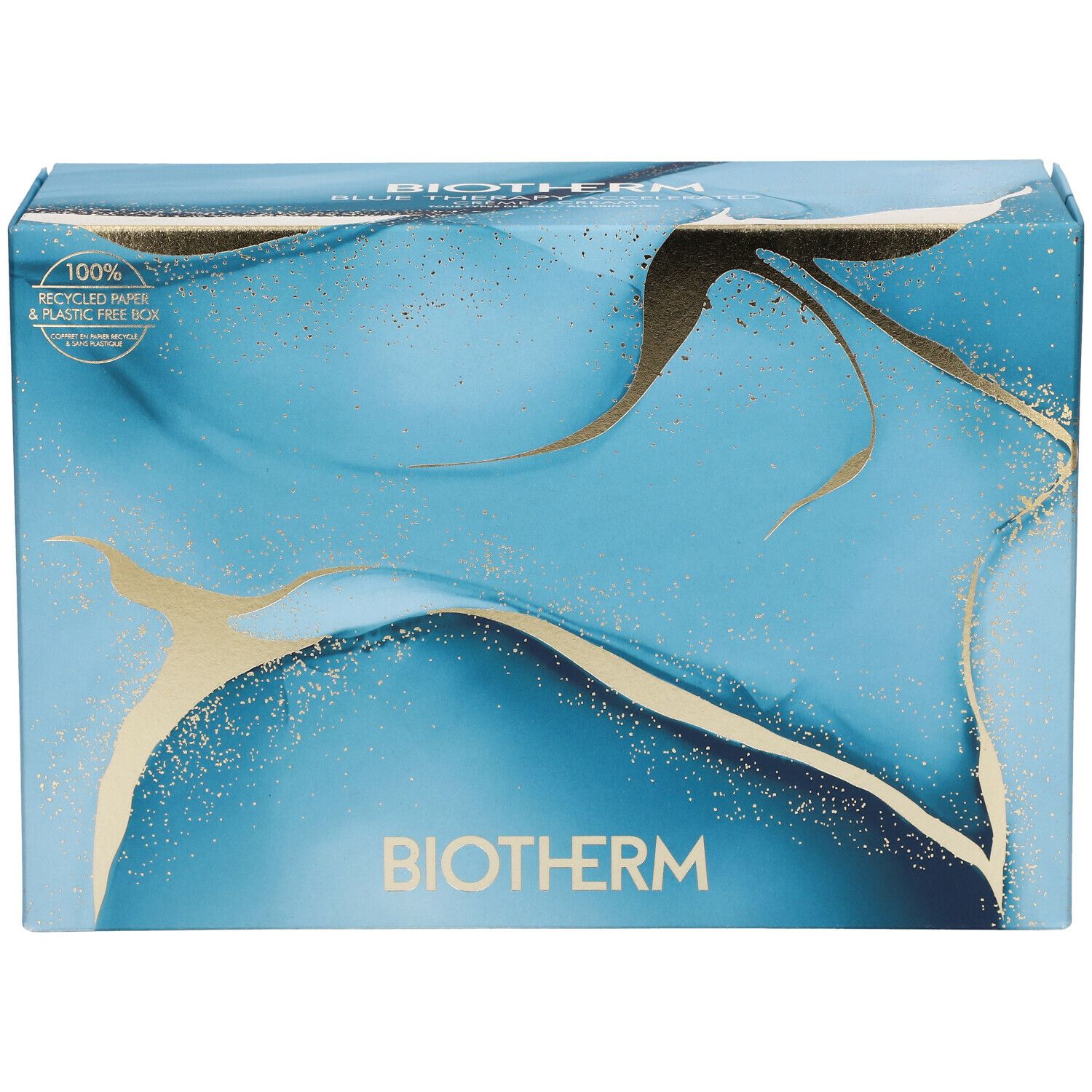 Coffret cadeau bleu et doré. Logo BIOTHERM. Papier 100% recyclé et boîte sans plastique.