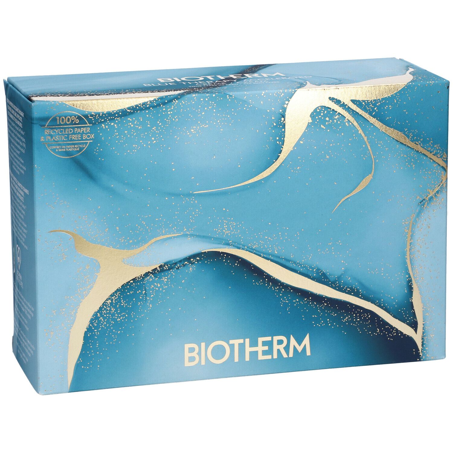 Coffret cadeau bleu et doré. Logo BIOTHERM. Papier 100% recyclé et boîte sans plastique.