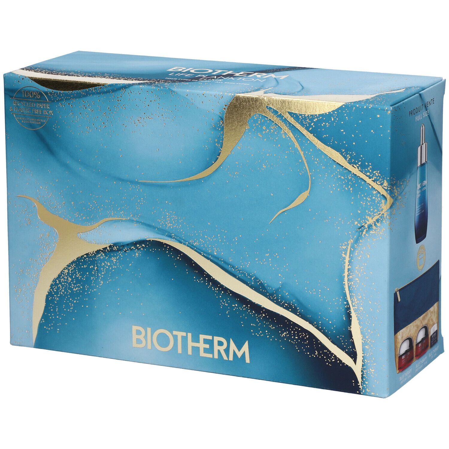 Coffret cadeau bleu et doré avec logo BIOTHERM. Inscriptions : Life Plankton Elixir, 100% papier recyclé et sans plastique.