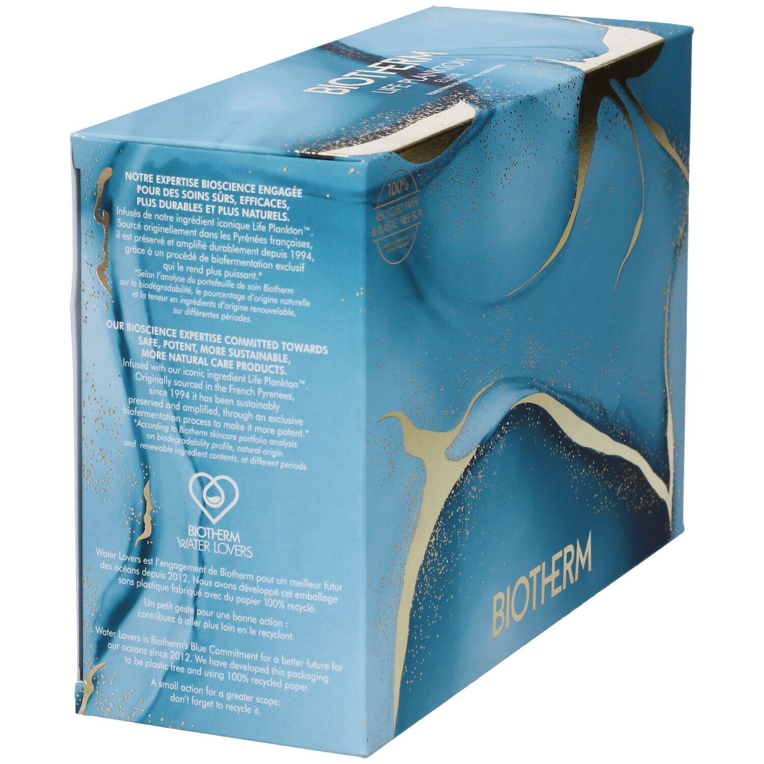 Boîte bleu-or avec logo BIOTHERM. Texte sur la bioscience, Life Plankton et la durabilité. Logo BIOTHERM Winter Lovers.