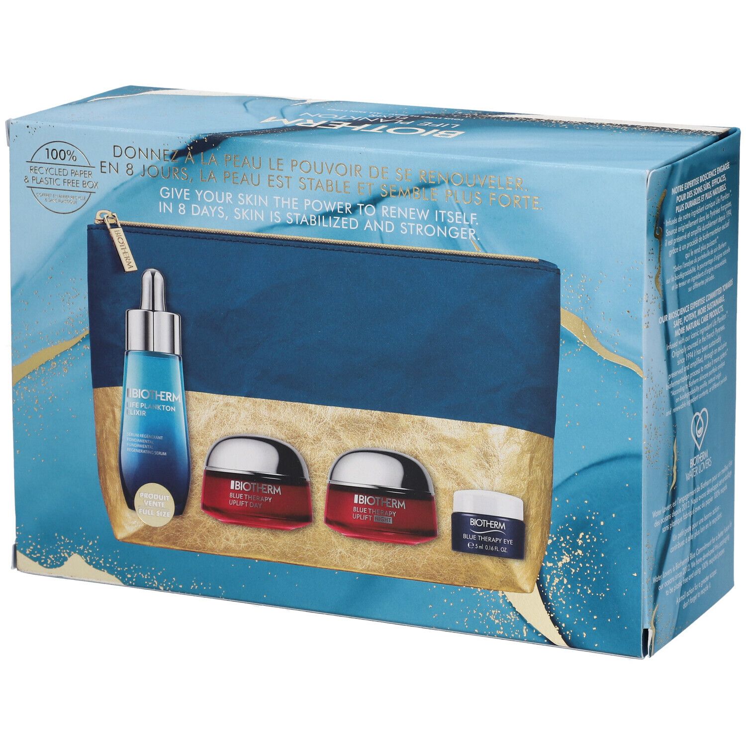 Coffret cadeau avec trousse de toilette bleue, flacon de sérum, deux crèmes et une crème pour les yeux. Logo BIOTHERM visible.