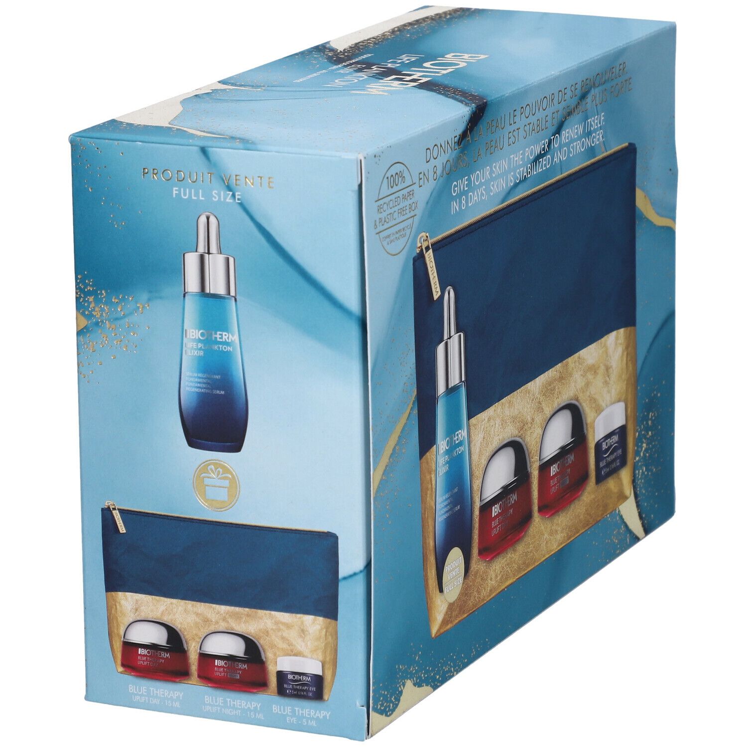 Coffret cadeau avec flacon de sérum, trousse de toilette, deux crèmes et une crème pour les yeux. Logo BIOTHERM et noms de produits.