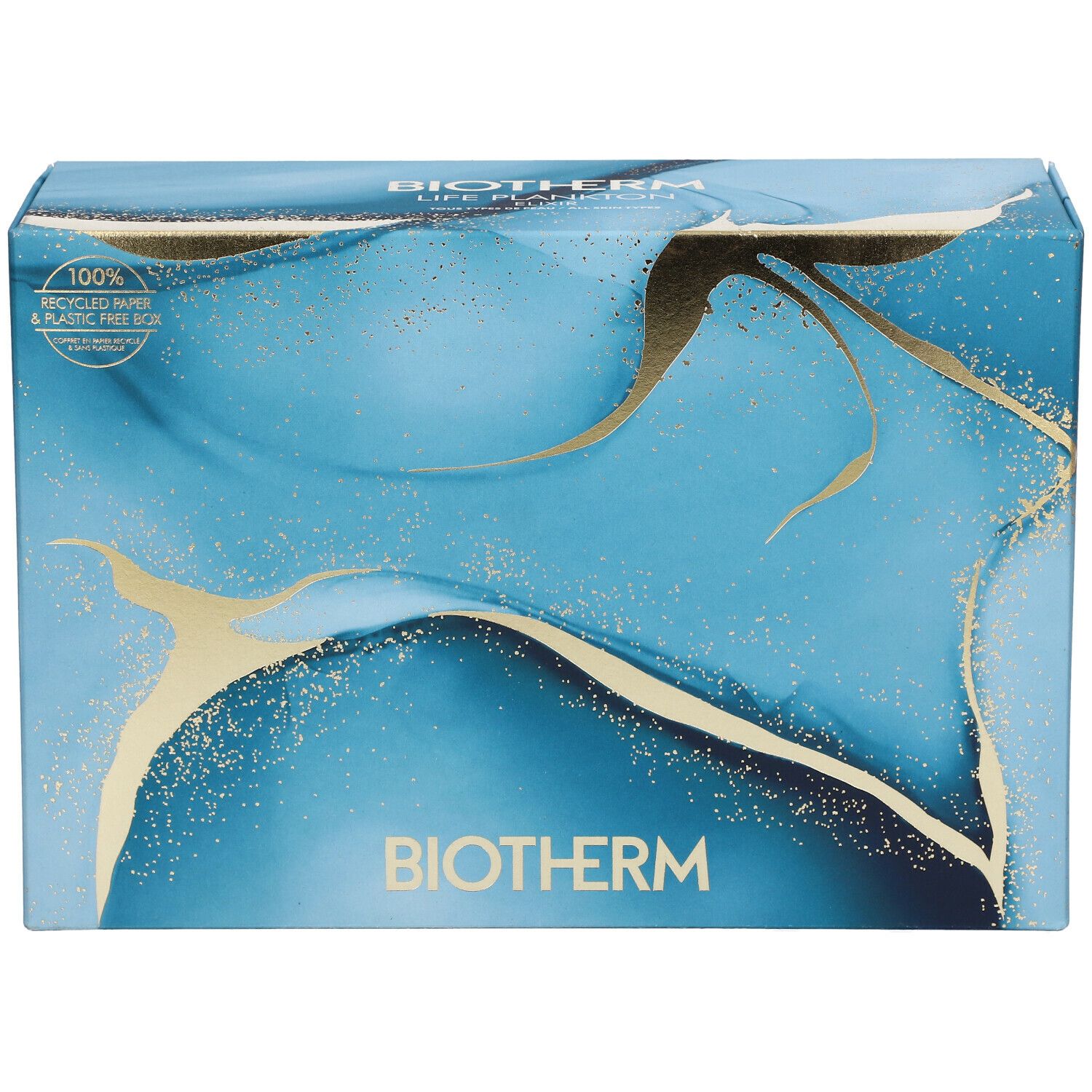 Boîte bleu-or avec logo BIOTHERM. Inscription : Life Plankton Elixir, 100% papier recyclé et sans plastique.
