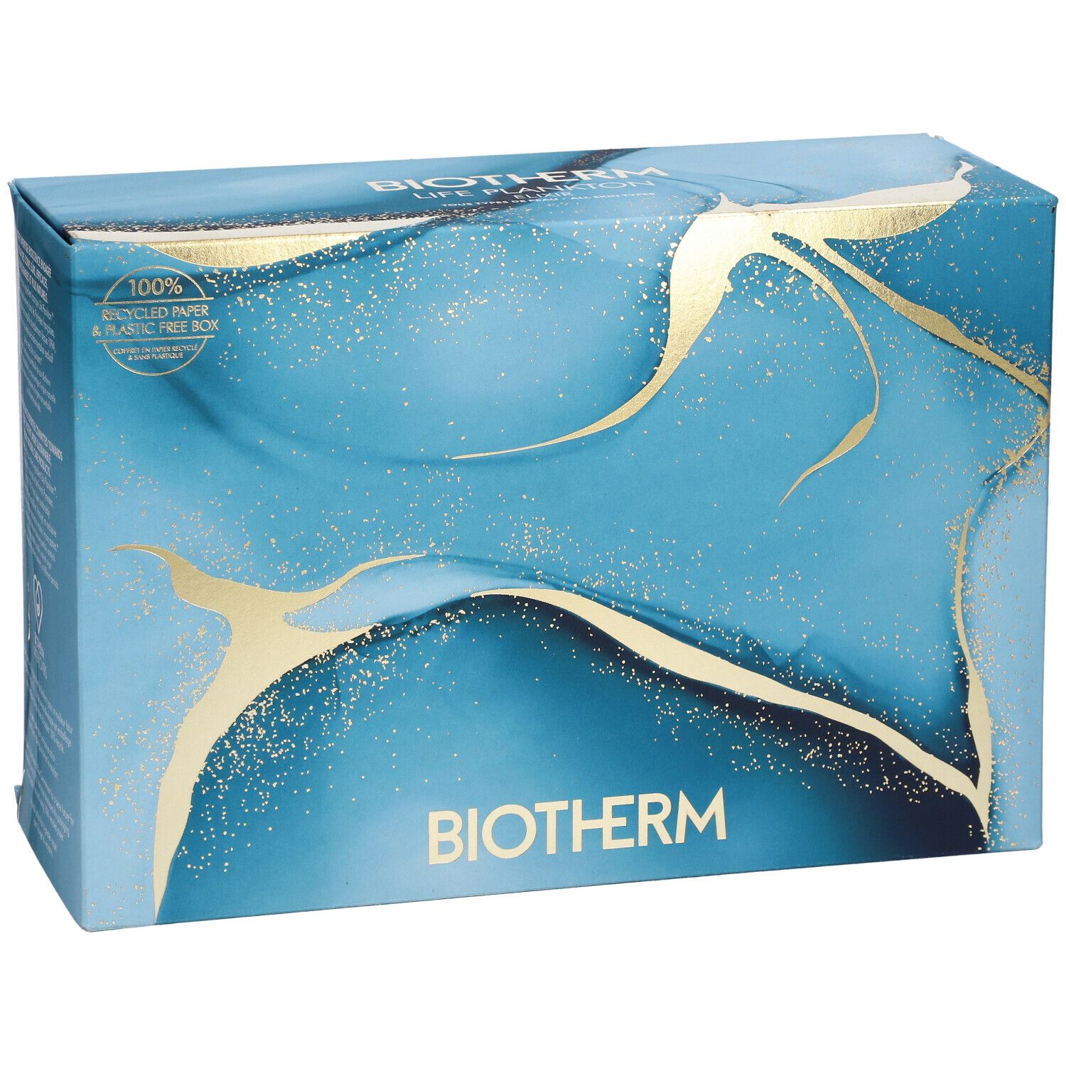 Boîte bleu-or avec logo BIOTHERM. Inscription : 100% papier recyclé et sans plastique.