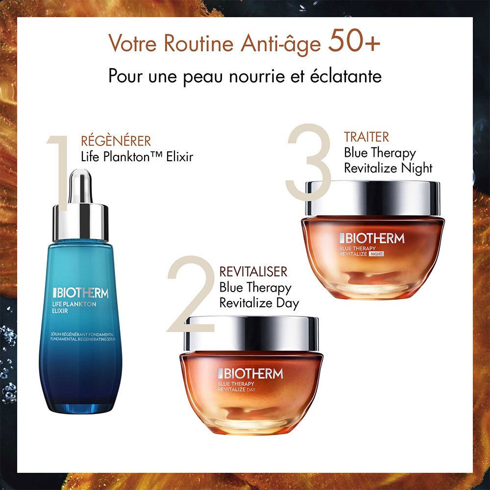 Drei Produkte. Life Plankton Elixir, Blue Therapy Revitalize Day und Night.