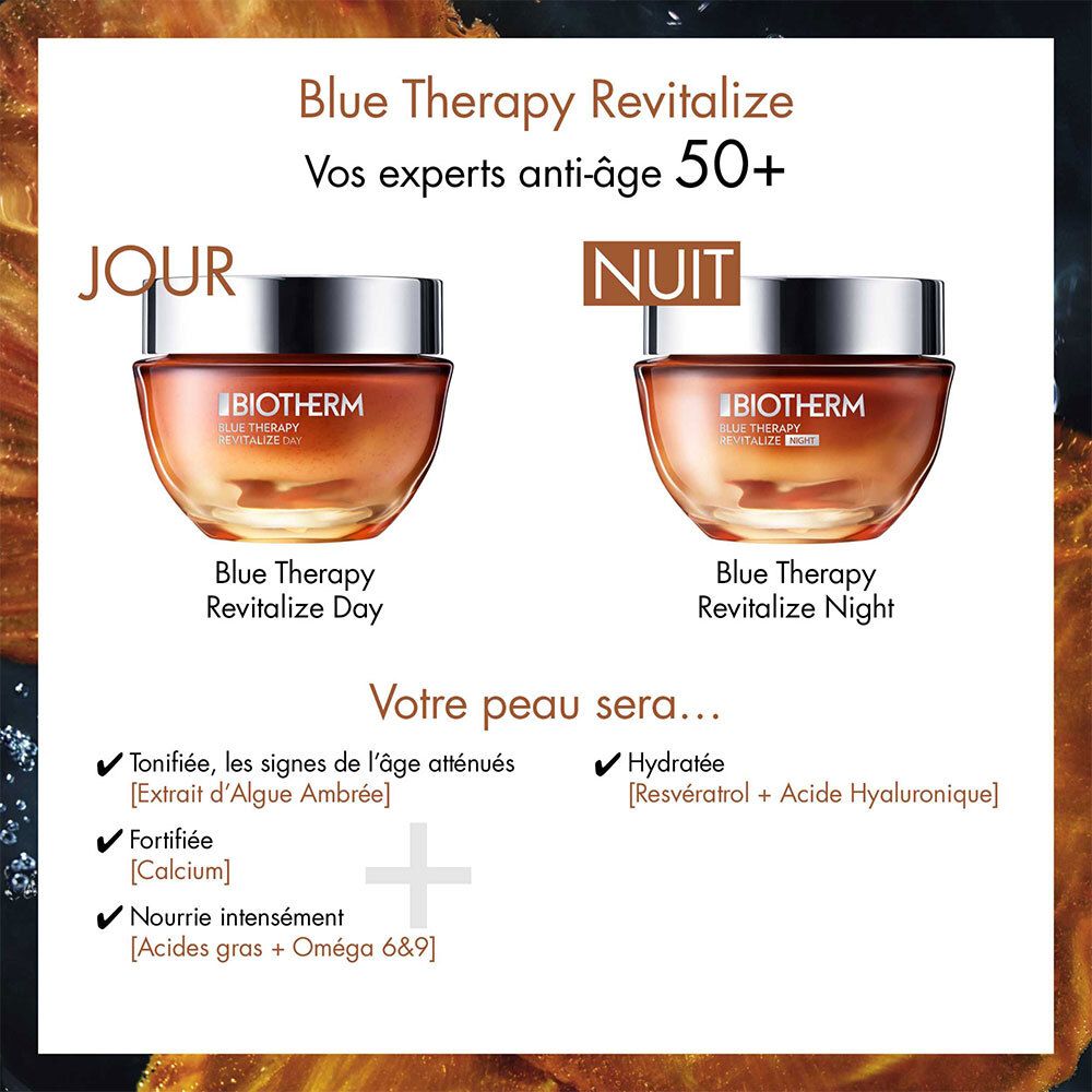 Zwei Creme-Tiegel. Blue Therapy Revitalize Day und Night. Text über Vorteile.