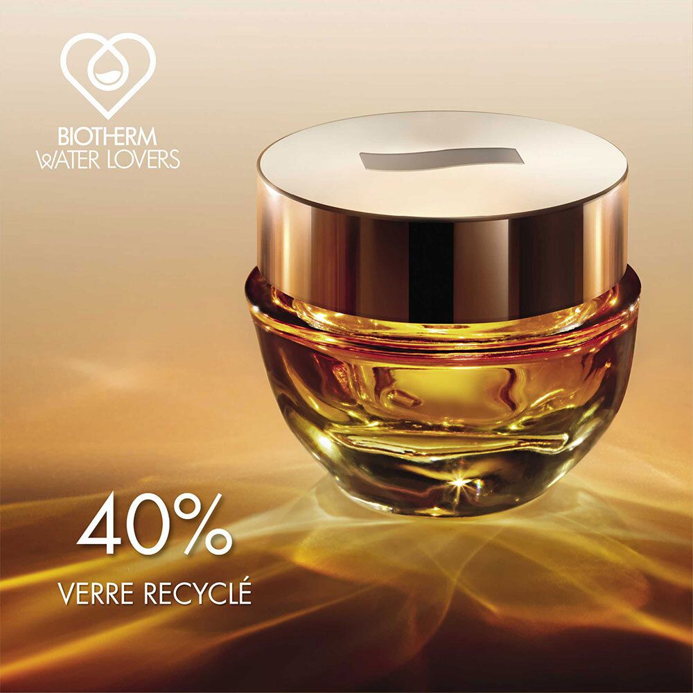 Creme-Tiegel mit goldenem Deckel. Text: 40% VERRE RECYCLÉ.