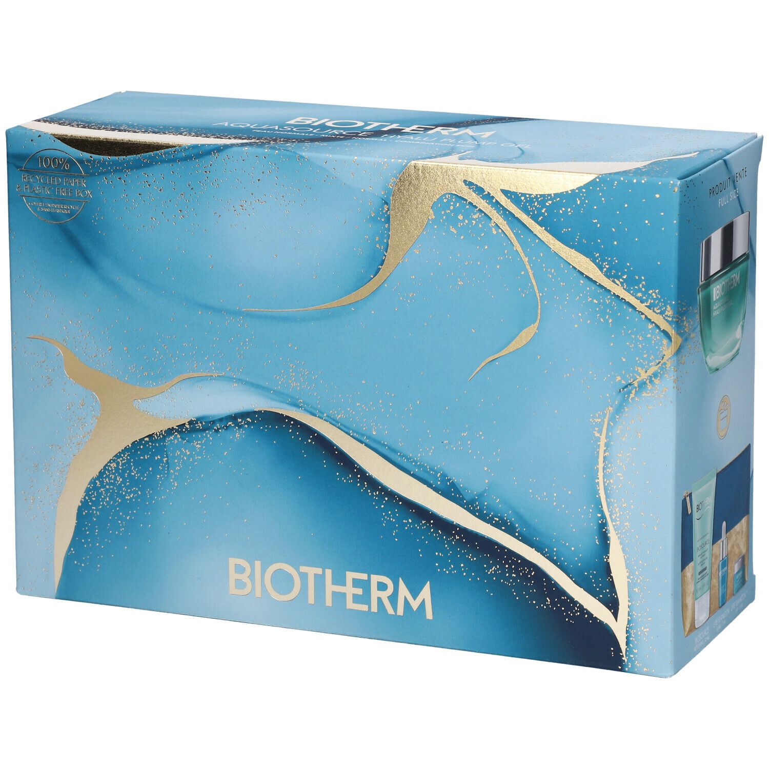 Coffret cadeau bleu et doré avec logo BIOTHERM. Un produit est représenté sur le coffret.