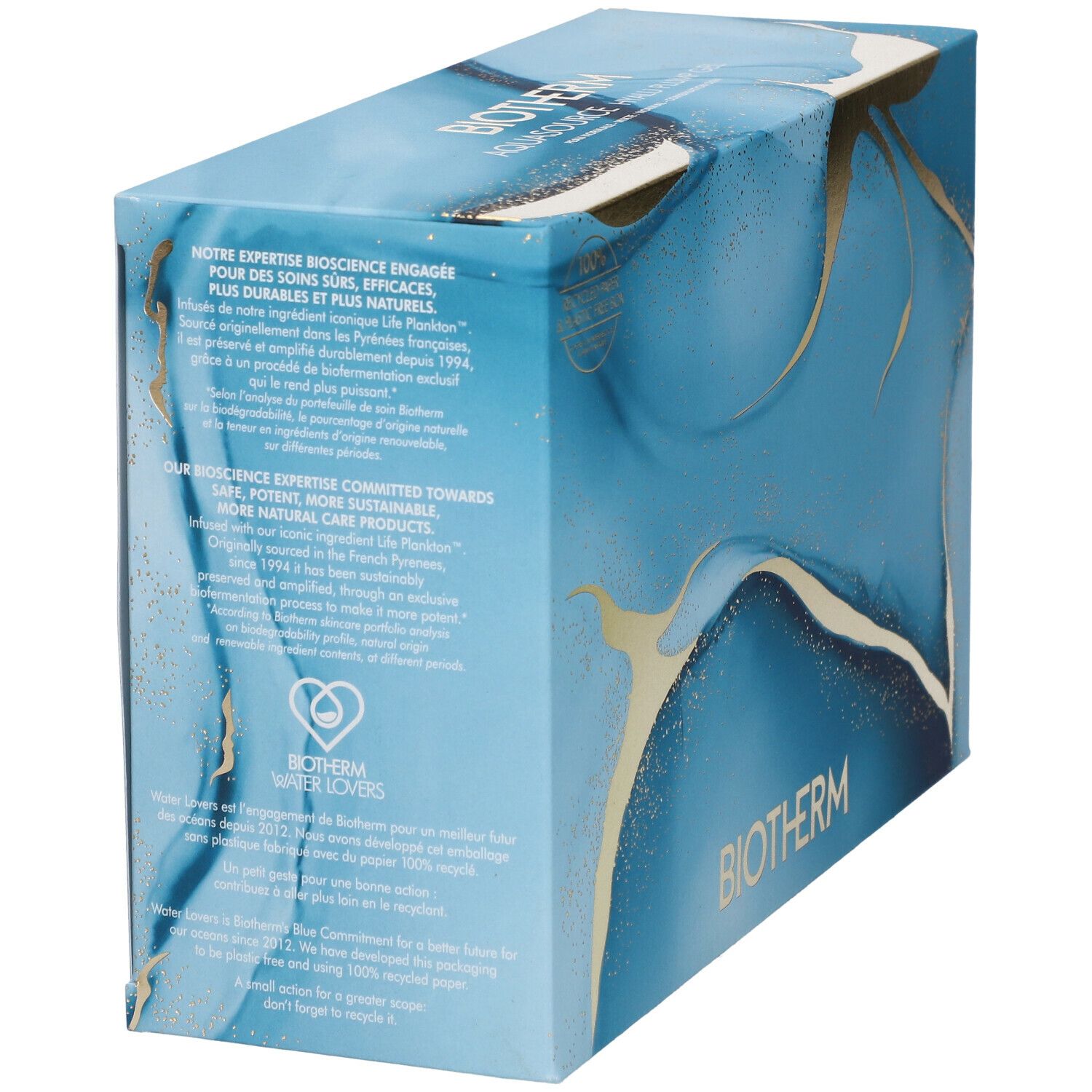 Coffret cadeau bleu et doré avec logo BIOTHERM. Texte sur la bioscience et Water Lovers.