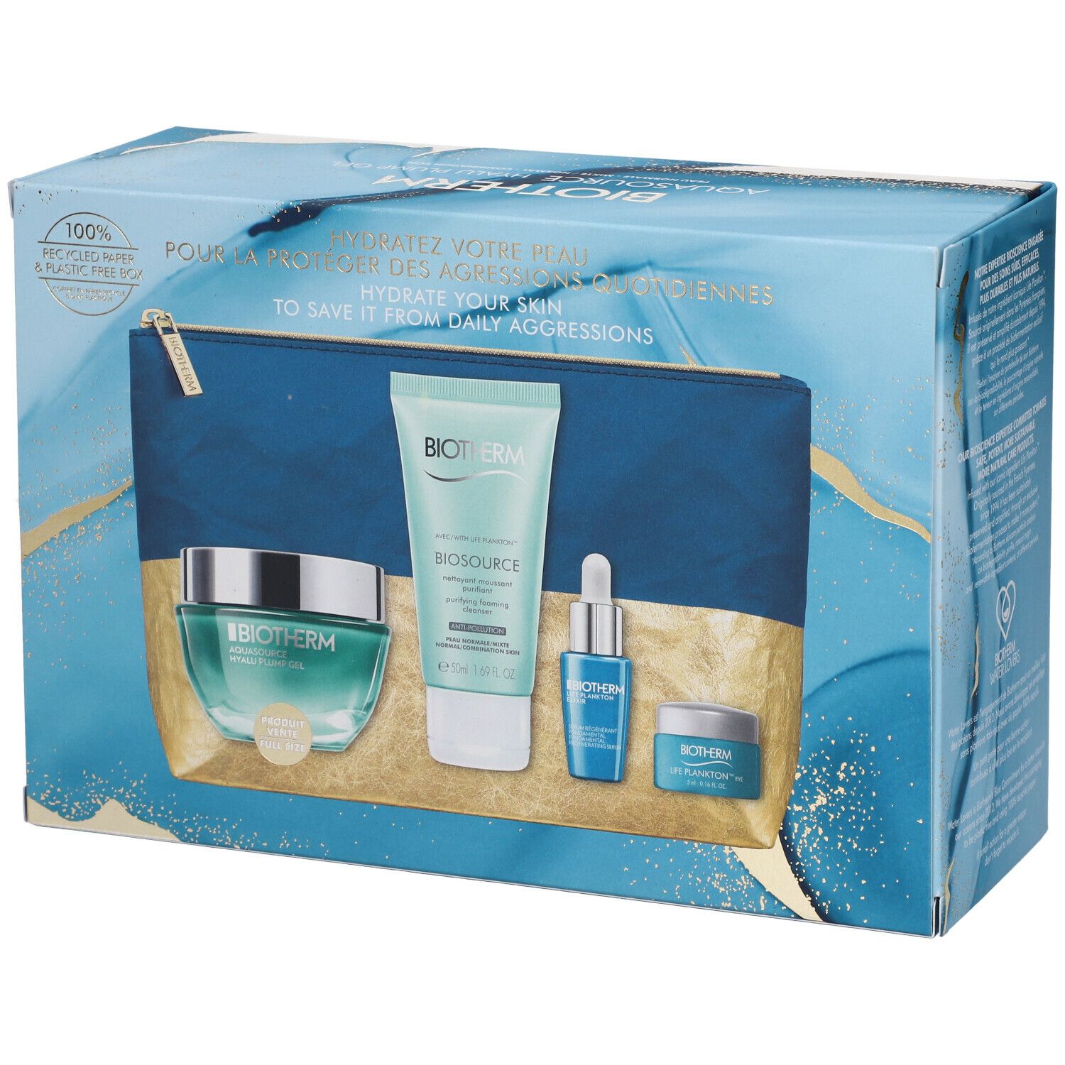 Coffret cadeau avec produits BIOTHERM. Contient une trousse de toilette, crème, sérum et gel.