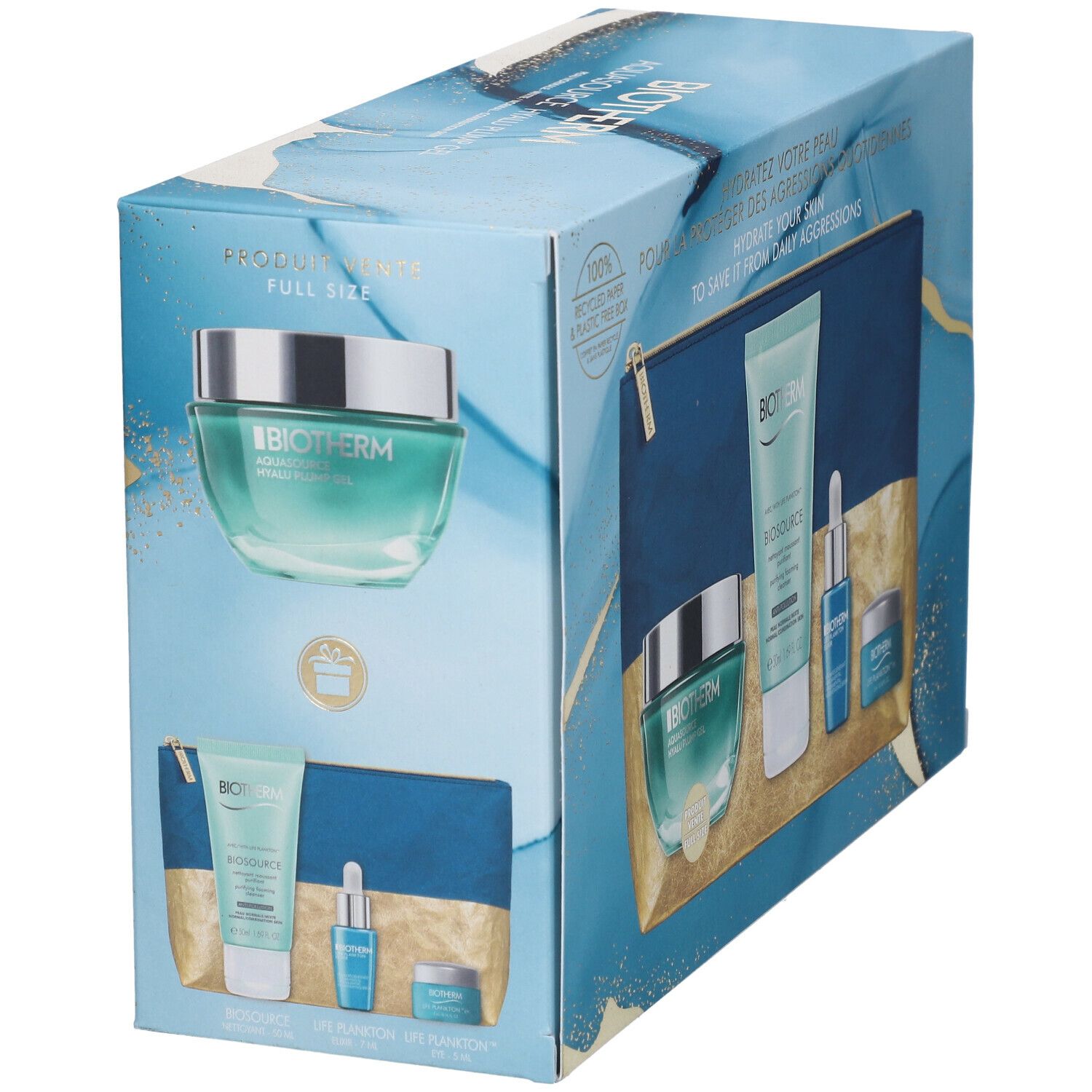 Coffret cadeau avec produits BIOTHERM. Contient crème, sérum, gel et trousse de toilette.
