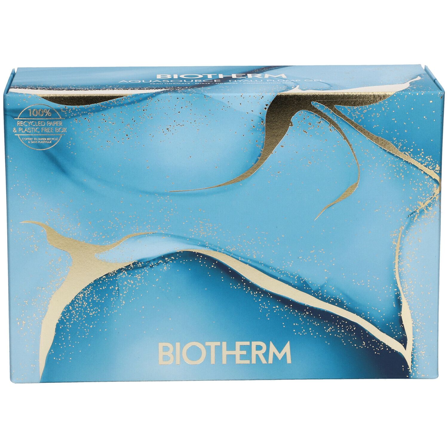 Coffret cadeau bleu et doré avec logo BIOTHERM et texte sur le papier recyclé.