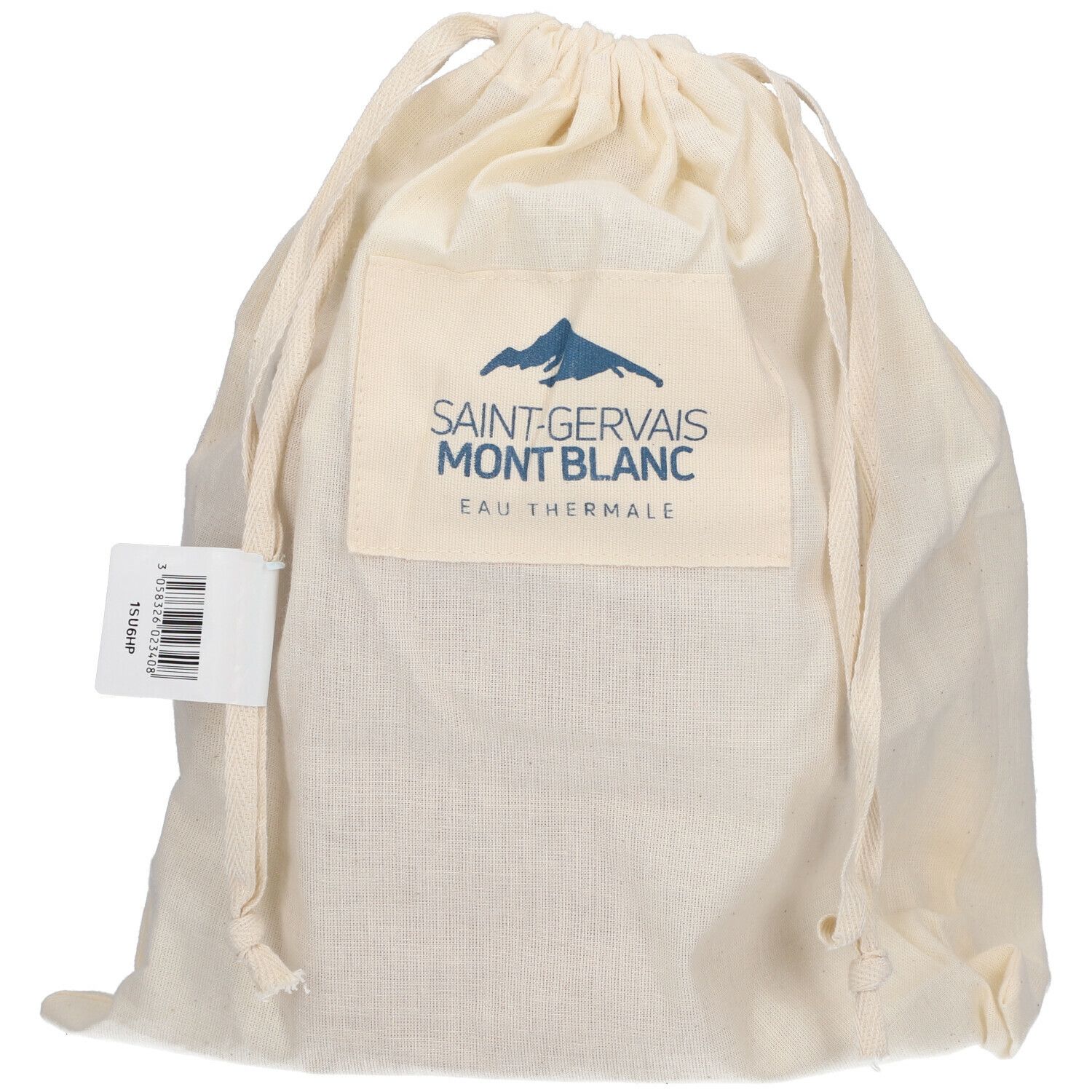 Pochon beige en tissu avec cordon de serrage. Logo imprimé: Saint-Gervais MONT BLANC Eau Thermale. Étiquette avec code-barres.