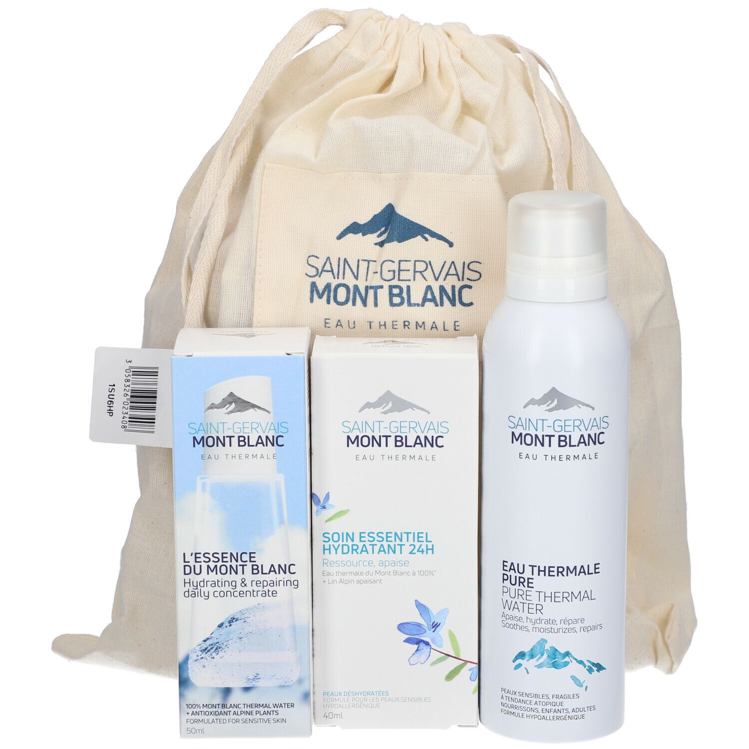 Pochon beige avec produits: spray, deux boîtes. Impression: Saint-Gervais MONT BLANC Eau Thermale. Étiquette avec code-barres.