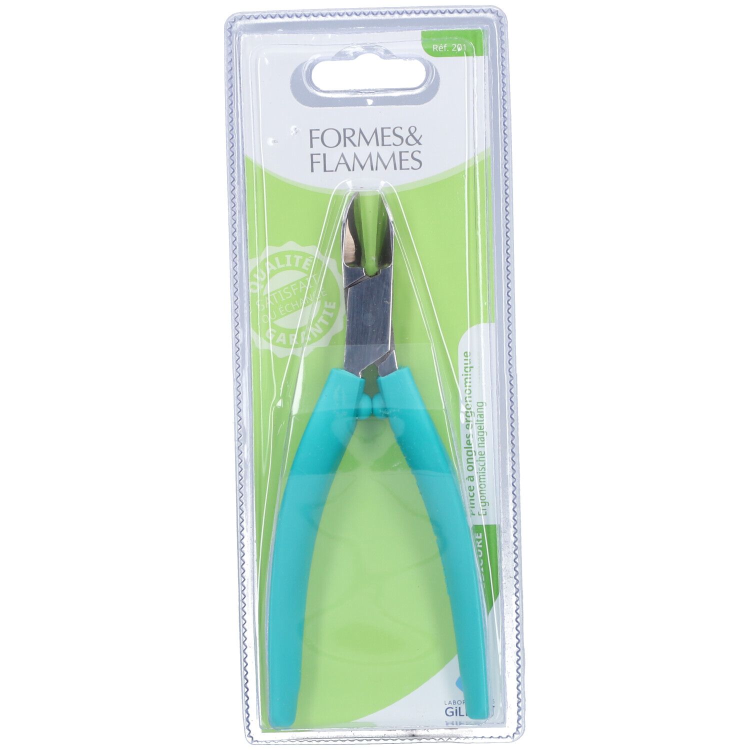 Ergonomische Nagelzange in Blisterverpackung. Türkisgriff, silberfarbene Schneide. Marke FORMES & FLAMMES.