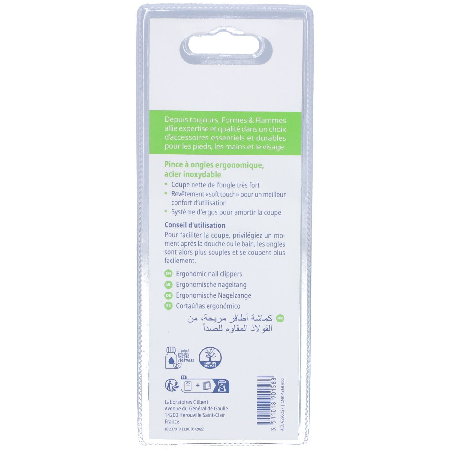 Rückseite der Verpackung mit Produktinformationen. Text in Deutsch, Französisch, Italienisch, Niederländisch und Arabisch.