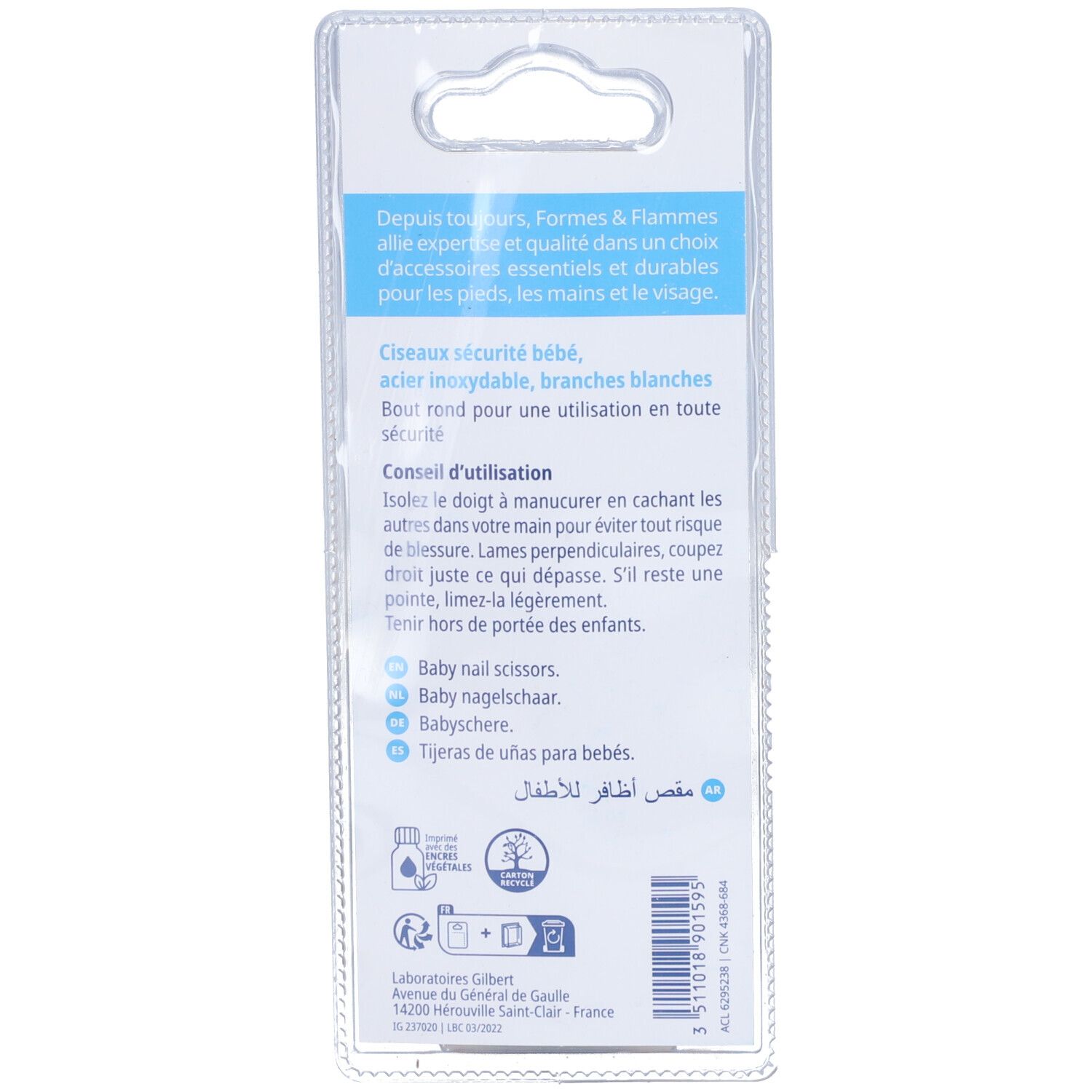 Dos de l'emballage. Texte: Ciseaux sécurité bébé, acier inoxydable, bout rond. Conseils d'utilisation, logos.