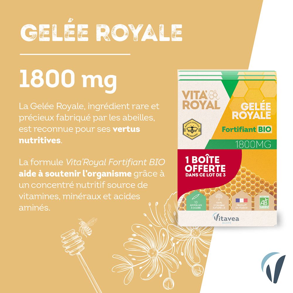 Texte sur Gelée Royale 1800mg. Ingrédients et marque Vita'Royal. Boîte de produit en arrière-plan.