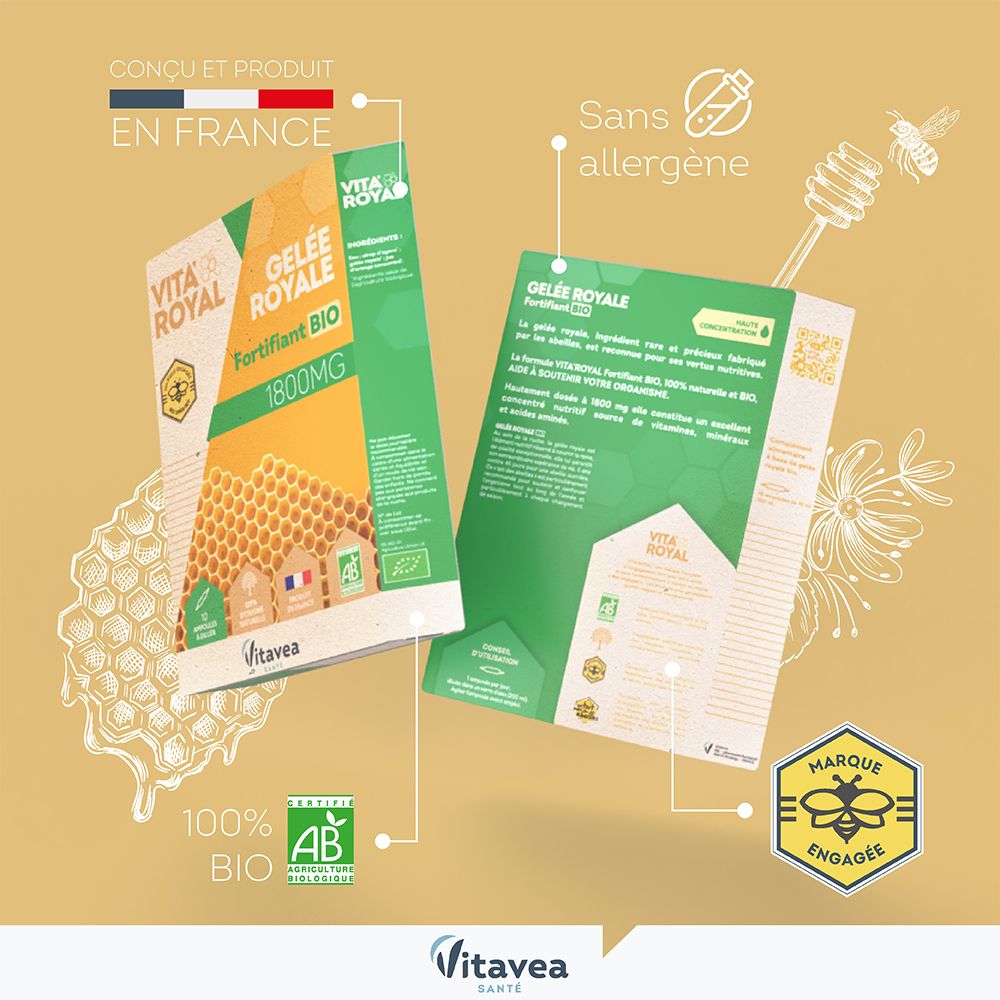 Boîte VITA'ROYAL Gelée royale Fortifiant BIO. Label AB, Fabriqué en France. Sans allergène.