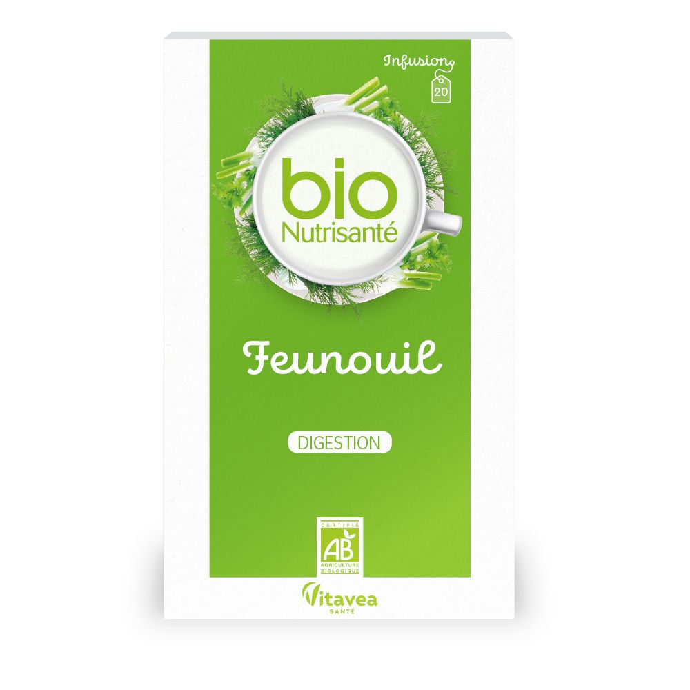 Boîte de thé bio Nutrisanté Fenouil. Design vert et blanc avec logo et texte. Certification AB.