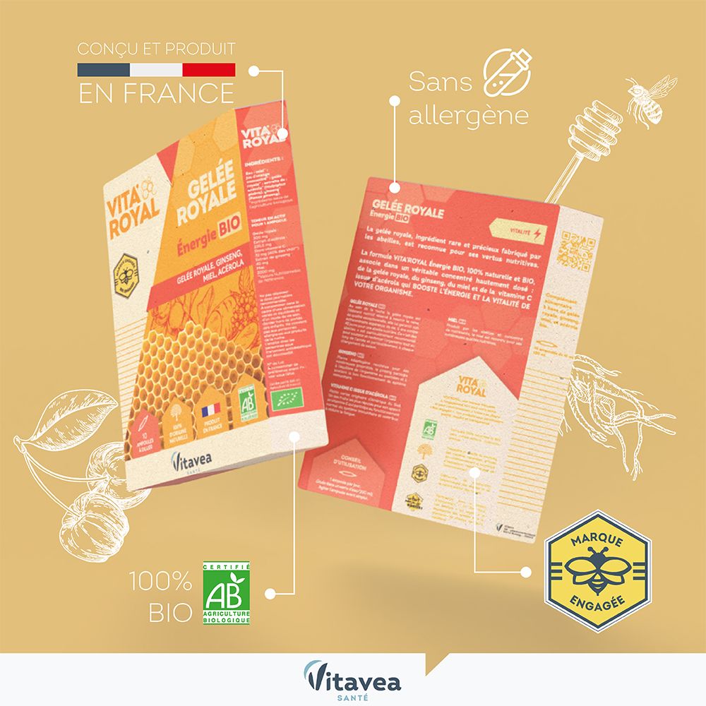 Emballage VITA'ROYAL Gelée royale Energie Bio. Fabriqué en France. 100% bio. Bee Engaged. Sans allergène.