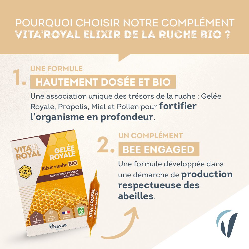 Infographie : VITA'ROYAL Gelée royale Elixir ruche BIO. Formule avec Gelée Royale, Propolis, Miel, Pollen. Bee Engaged.