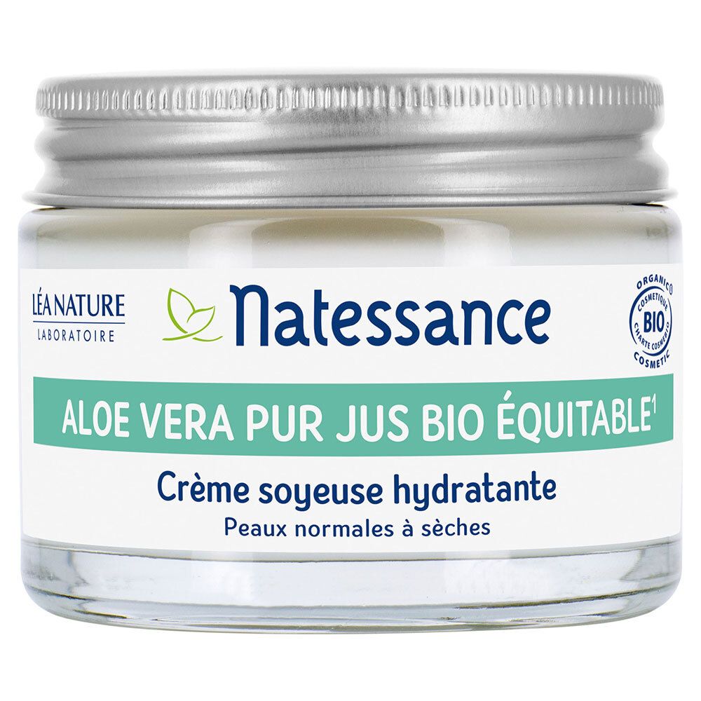 Pot de crème avec couvercle. Inscription: Natessance, Aloe Vera, Crème soyeuse hydratante. Certification bio.