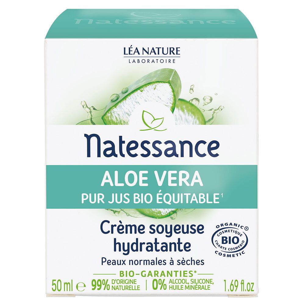 Emballage avec image du produit. Inscription: Natessance, Aloe Vera, Crème soyeuse hydratante. Certification bio.