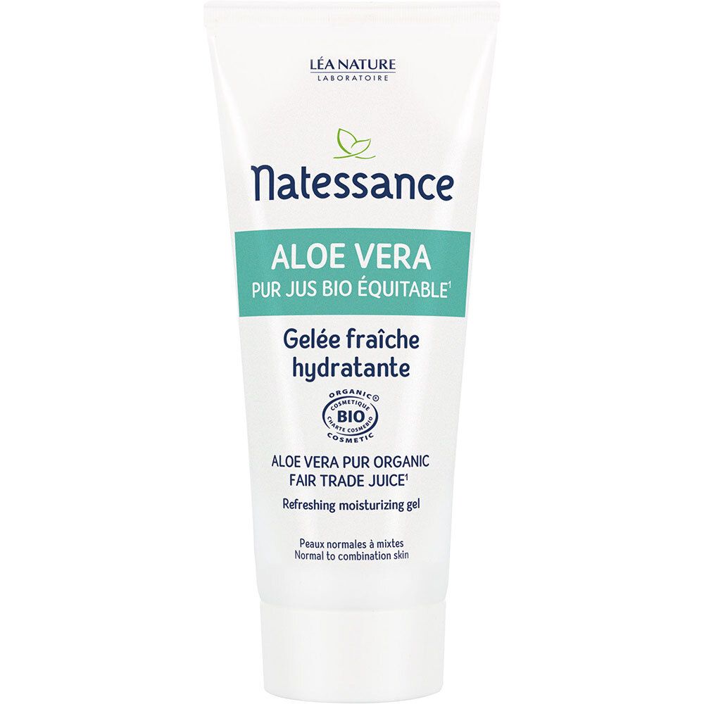 Tube blanc, bande verte. Texte: Natessance, Aloe Vera, Gelée fraîche hydratante. Certification Bio.