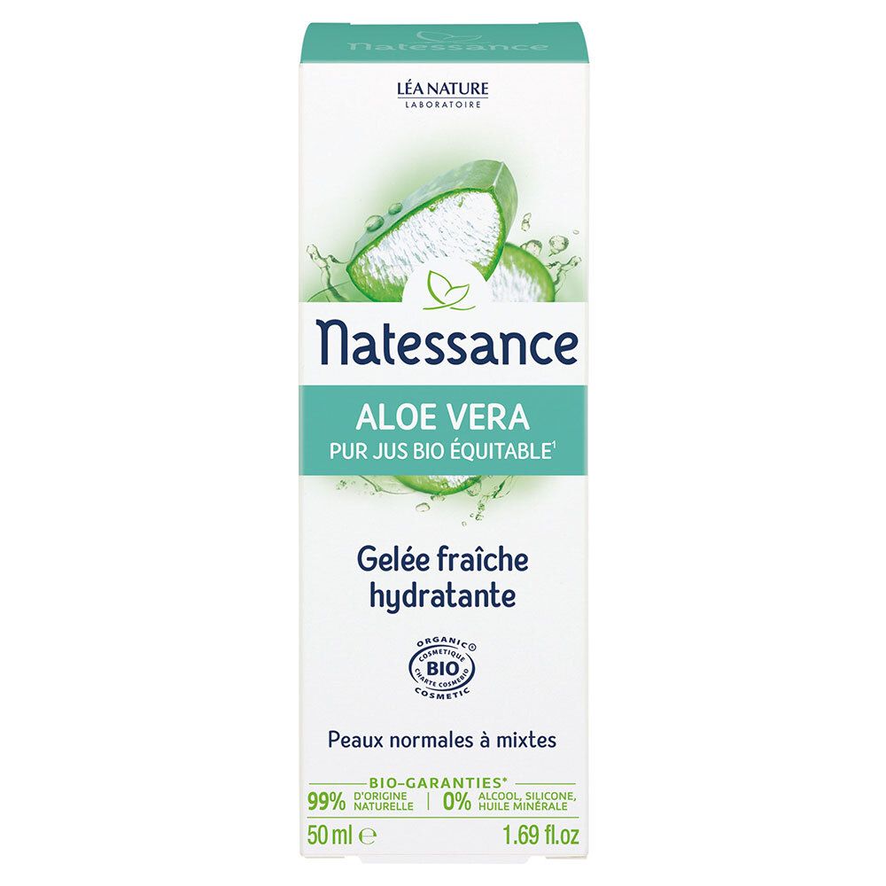 Boîte avec motif Aloe Vera. Texte: Natessance, Aloe Vera, Gelée fraîche hydratante. Bio. 50 ml.
