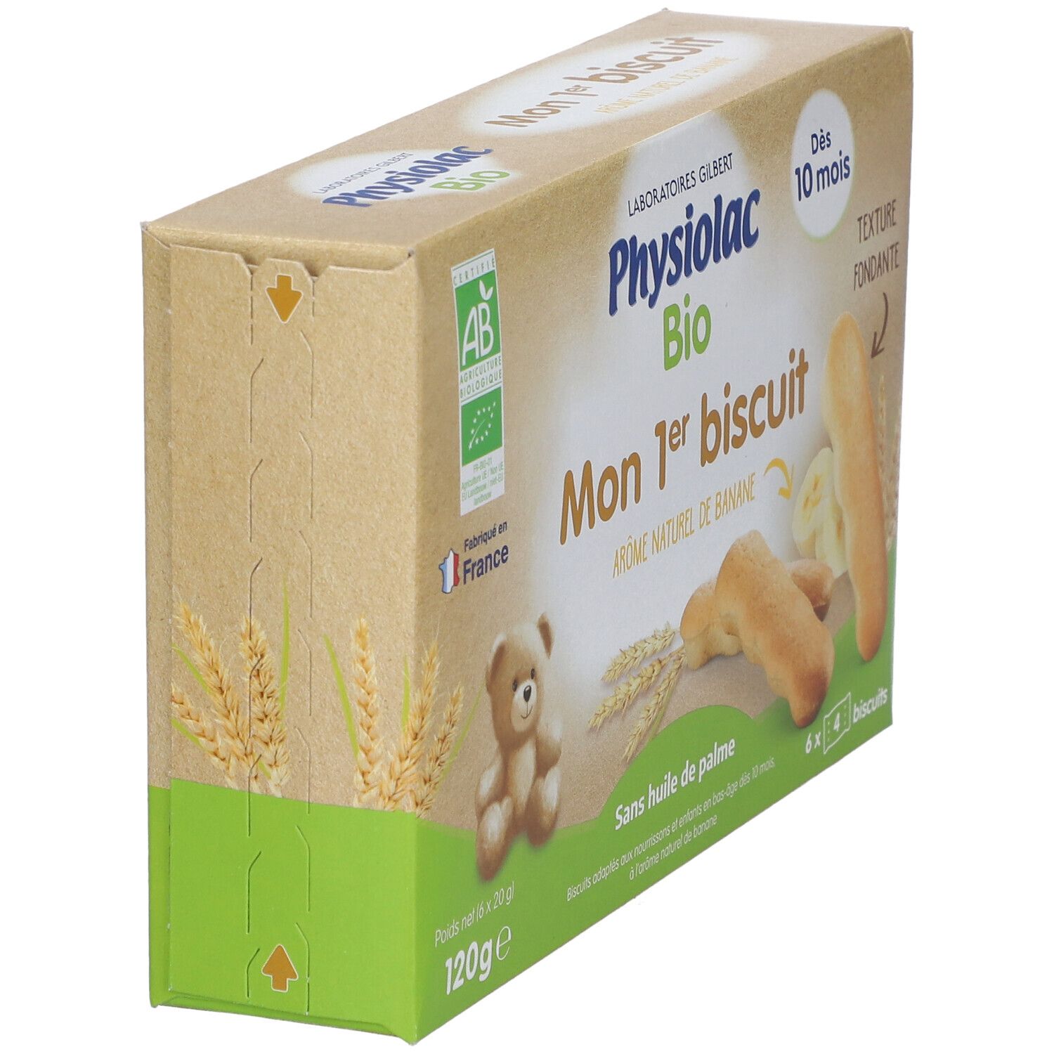 Schuine weergave van de verpakking met biscuits. Opschrift: Physiolac Bio Mon 1er biscuit, 10 maanden. Bananensmaak.