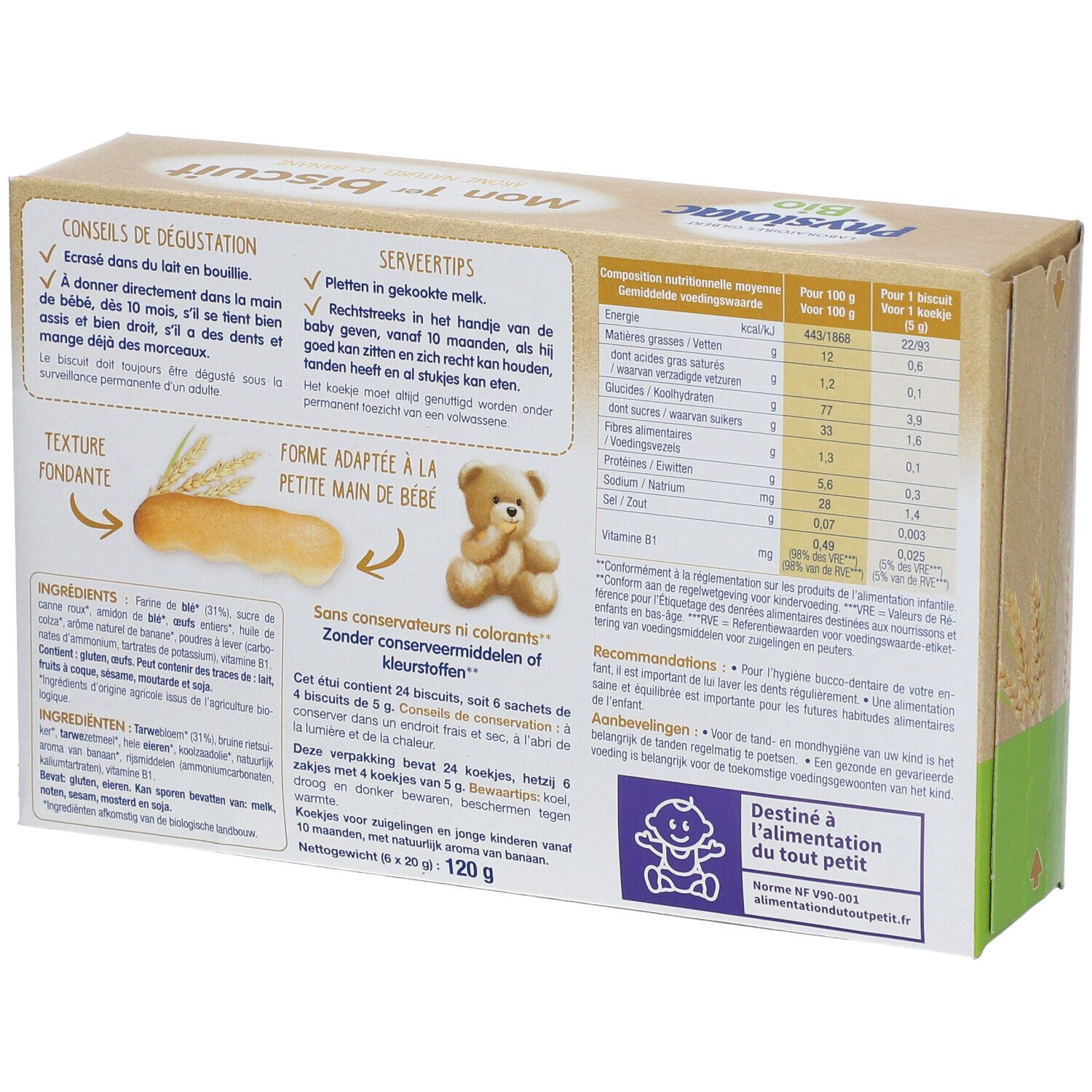 Achterkant van de verpakking met biscuits. Voedingswaarde, ingrediënten en aanbevelingen. Logo Physiolac.