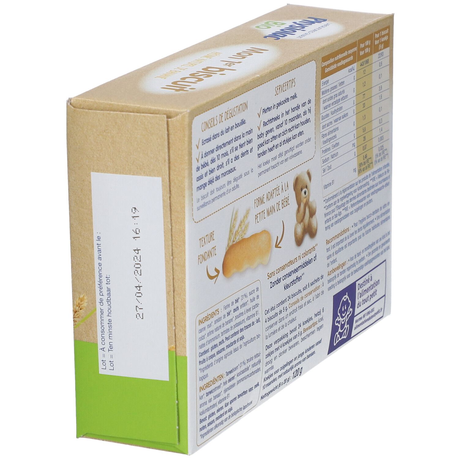 Achterkant van de verpakking met biscuits. Voedingswaarde, ingrediënten en aanbevelingen. Houdbaarheidsdatum.