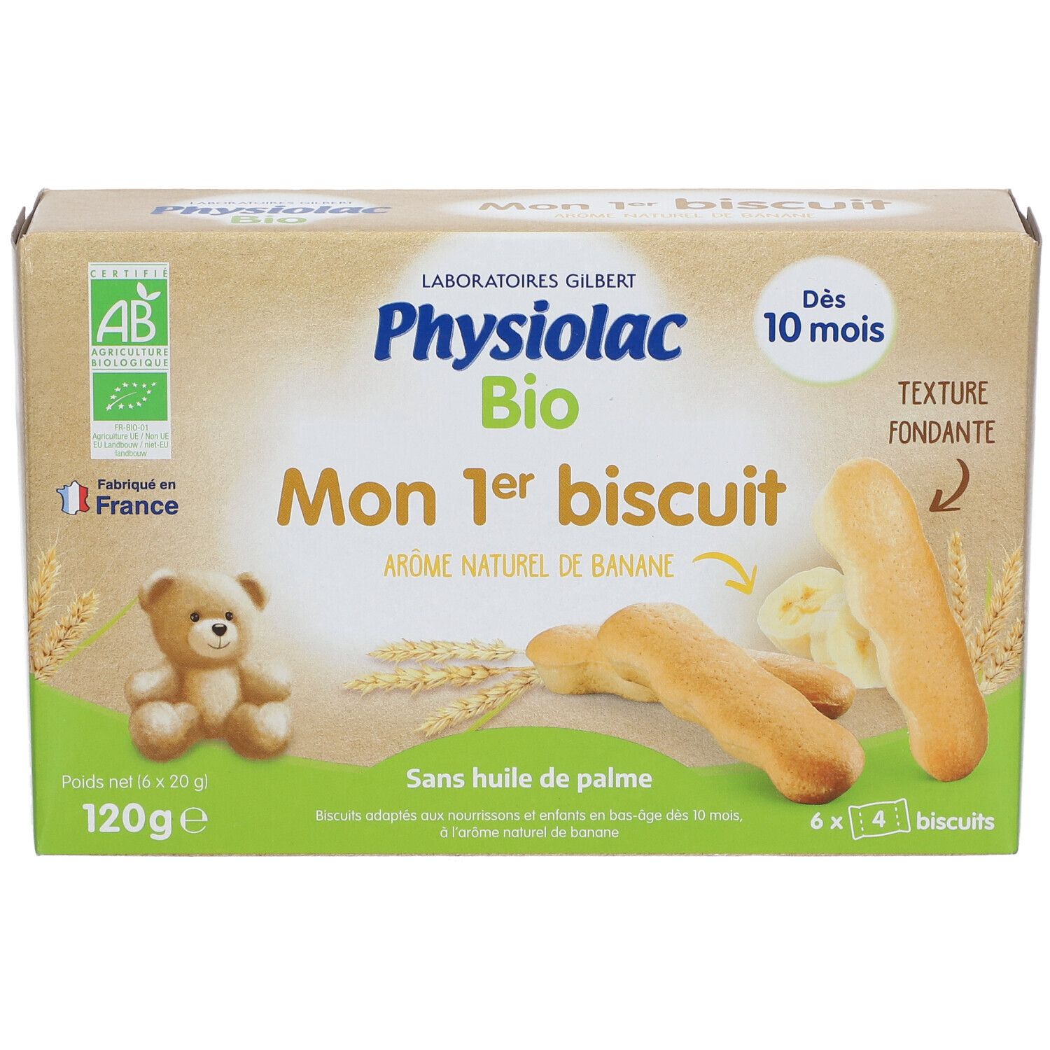 Verpakking met biscuits. Opschrift: Physiolac Bio Mon 1er biscuit, 10 maanden. Bananensmaak. 120g. 6x4 stuks.