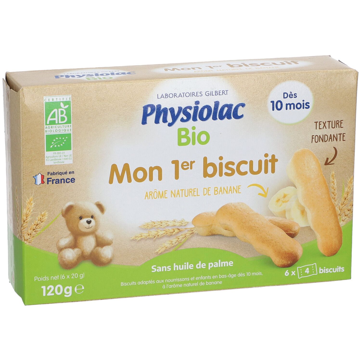 Verpakking met biscuits. Opschrift: Physiolac Bio Mon 1er biscuit, 10 maanden. Bananensmaak. 120g. 6x4 stuks.