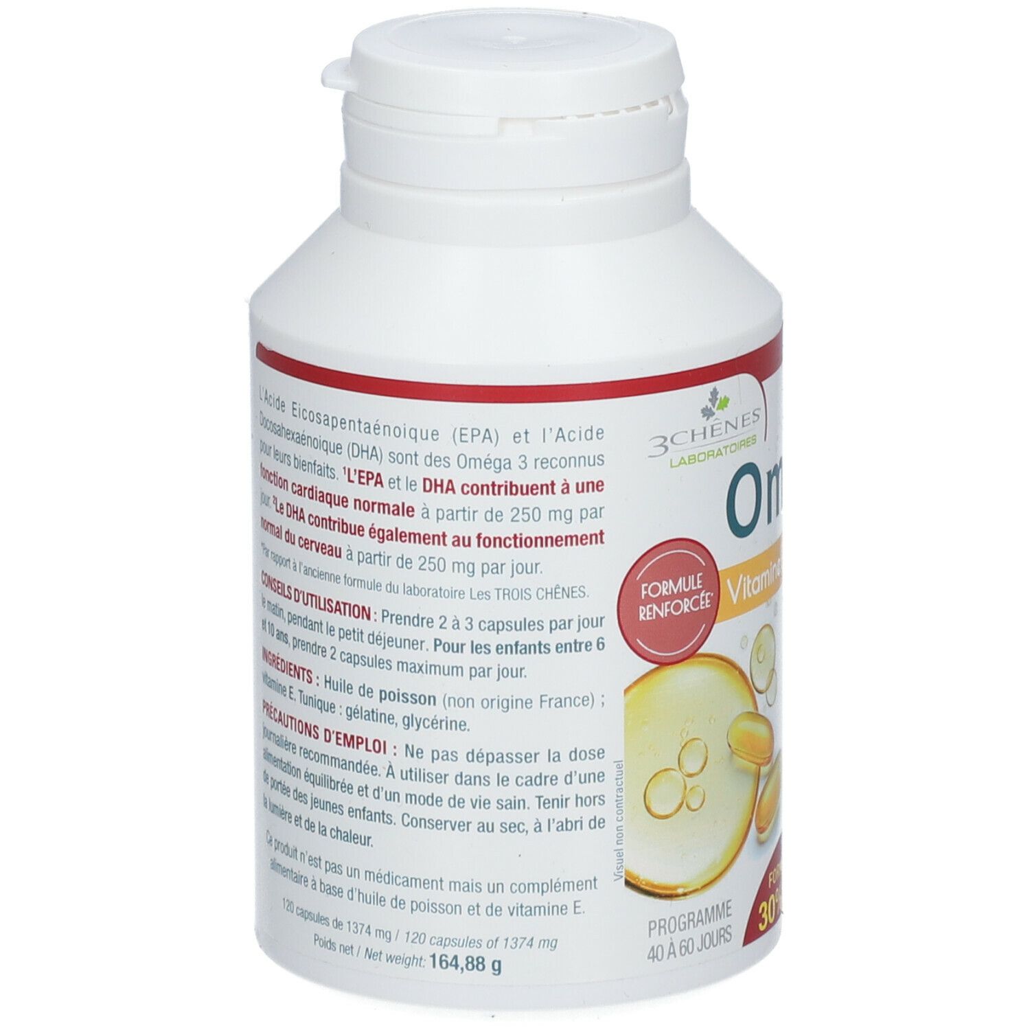 Rückseite der weißen Flasche. Textinformationen zu Inhaltsstoffen und Anwendung. Les 3 Chênes® Omega 3.
