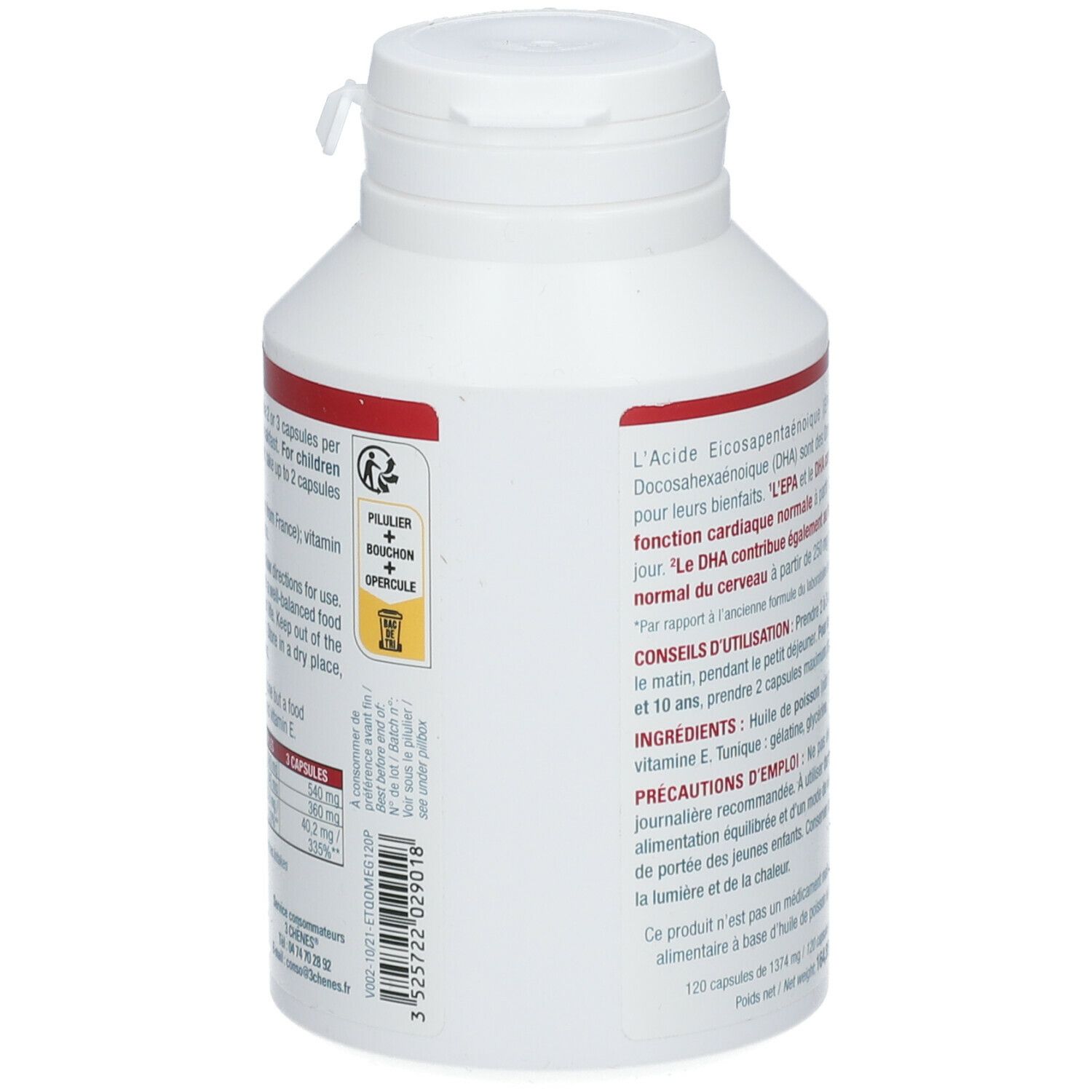 Rückseite der weißen Flasche. Textinformationen, Recycling-Symbol. Les 3 Chênes® Omega 3.