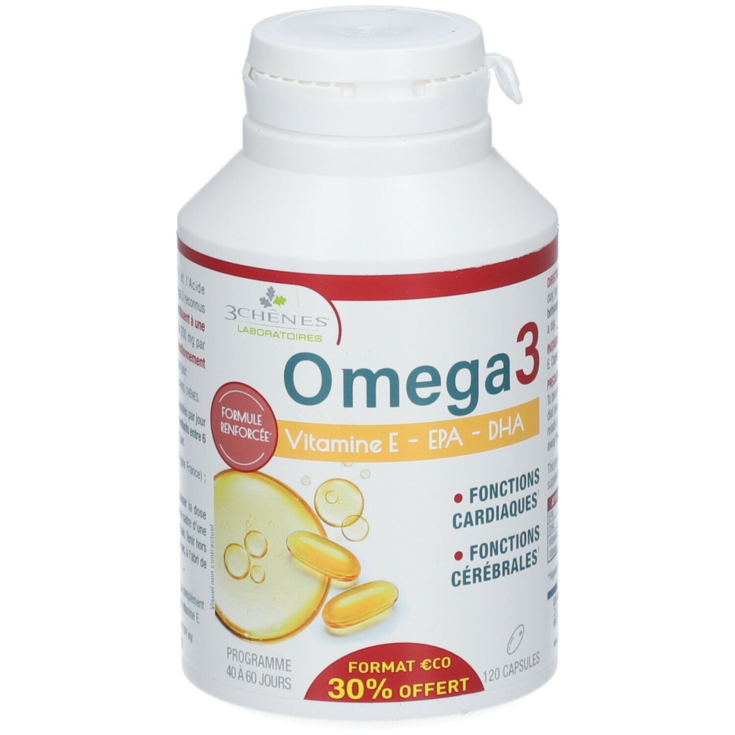 Weiße Flasche mit rotem Etikett. Omega 3, Vitamin E, EPA, DHA. 120 Kapseln. 30% Rabatt. Les 3 Chênes®.