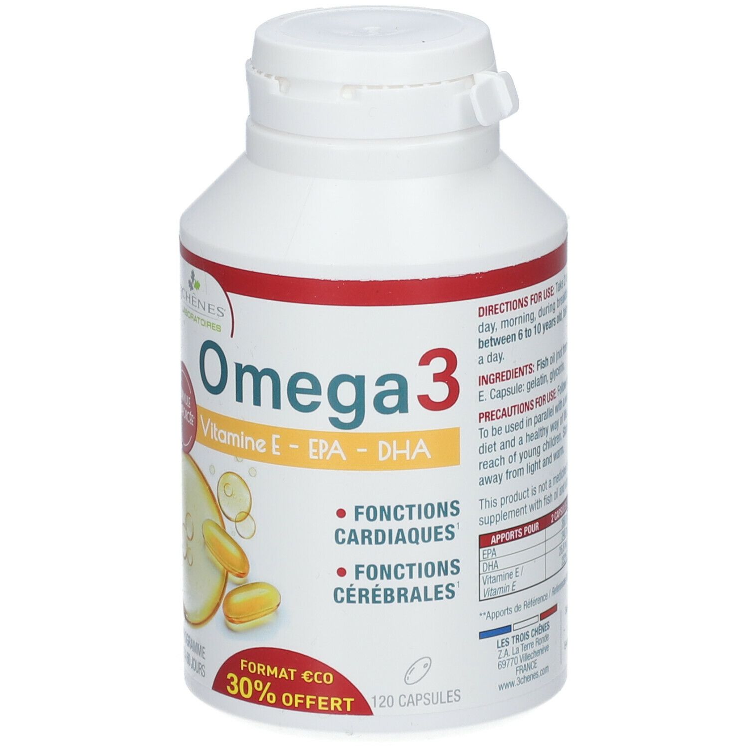 Weiße Flasche mit rotem Etikett. Omega 3, Vitamin E, EPA, DHA. 120 Kapseln. 30% Rabatt. Les 3 Chênes®.