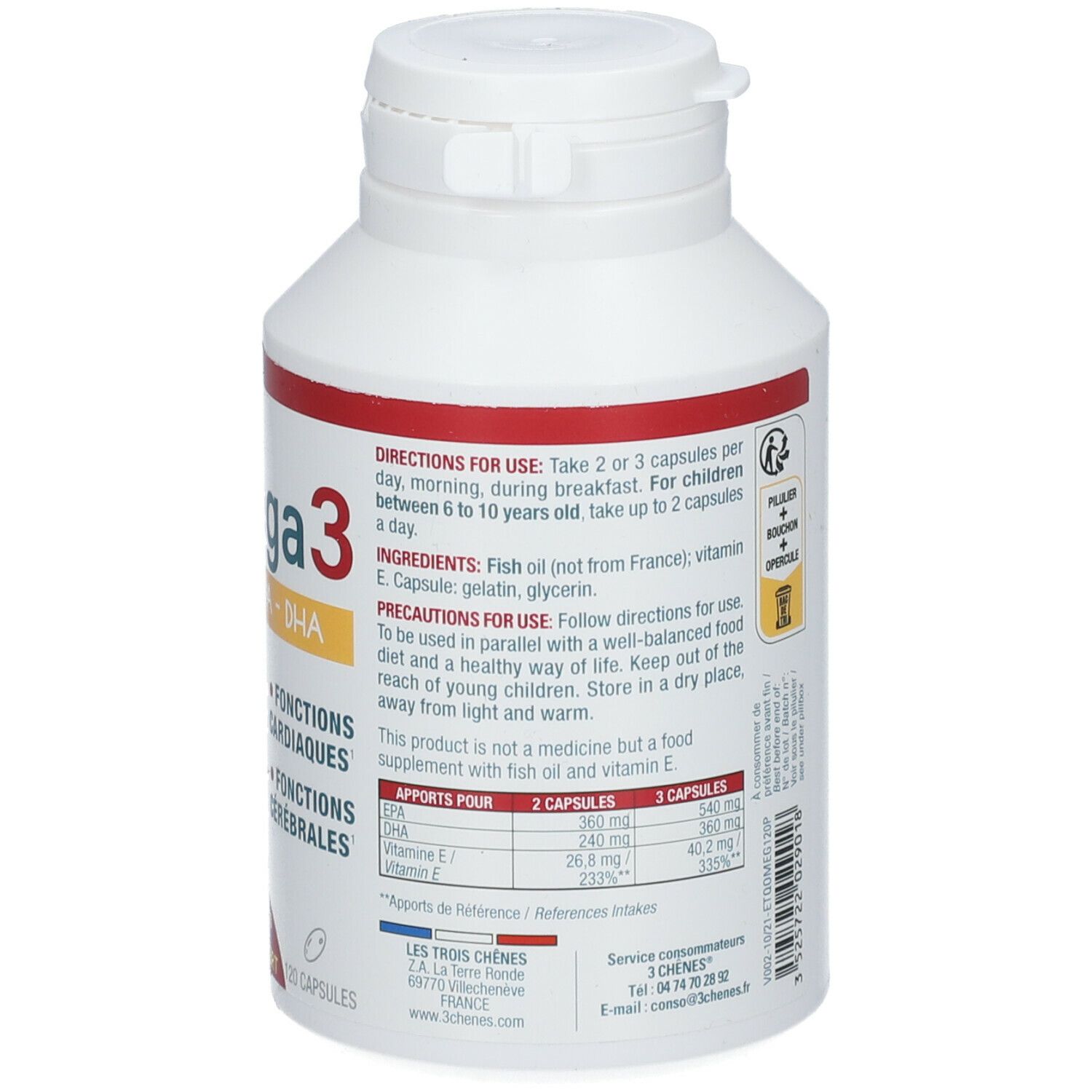 Rückseite der weißen Flasche. Dosierung, Inhaltsstoffe, Nährwertangaben. Les 3 Chênes® Omega 3.