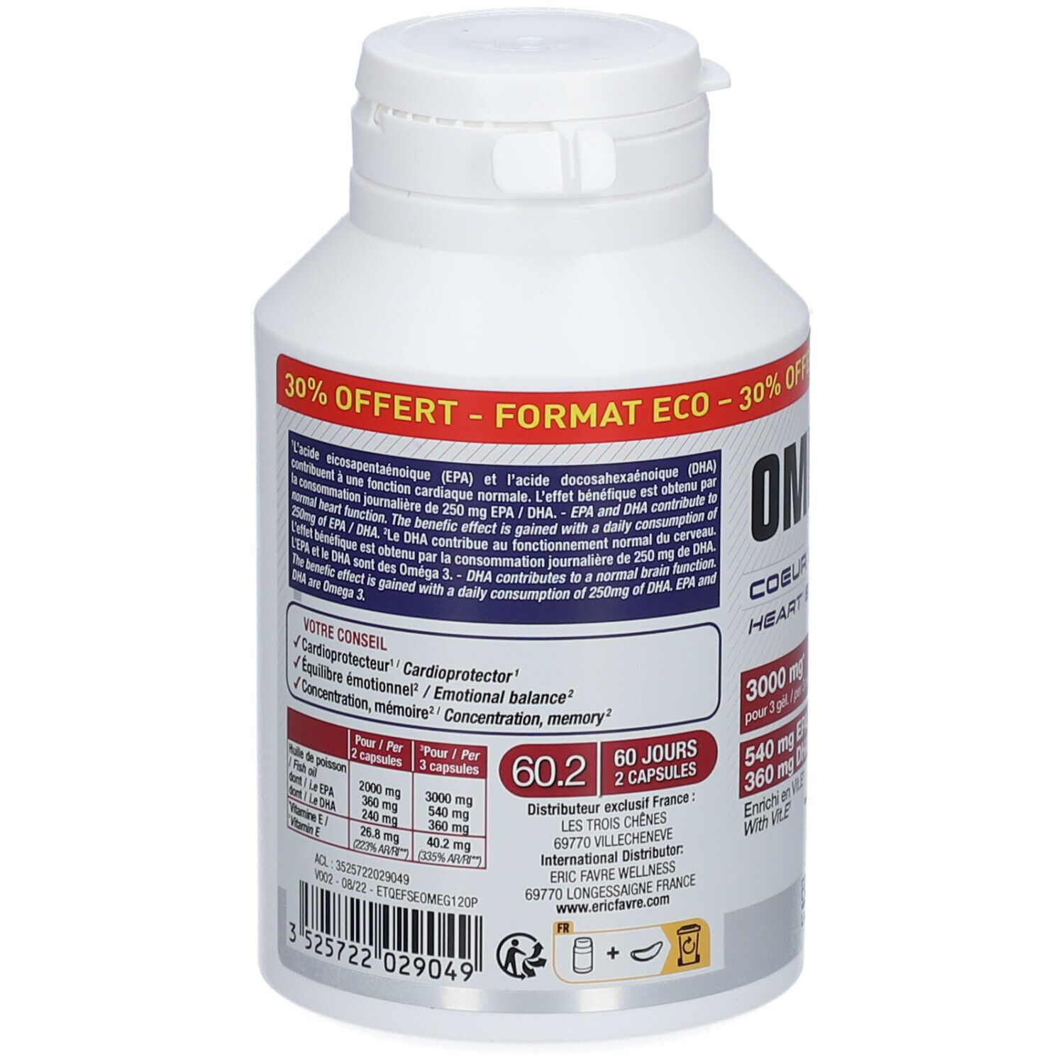 Rückseite der weißen Flasche mit Omega 3 Kapseln. Text: 30% OFFERT - FORMAT ECO. Informationen zu Inhaltsstoffen und Dosierung.