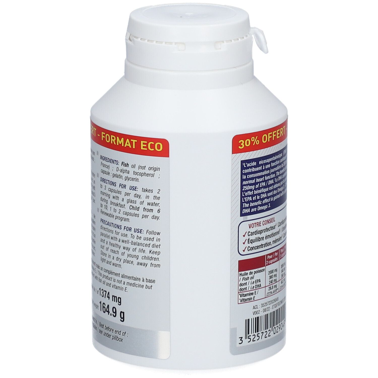 Rückseite der weißen Flasche mit Omega 3 Kapseln. Text: Inhaltsstoffe, Anwendungshinweise und Vorsichtsmaßnahmen. Gewicht: 164.9 g.