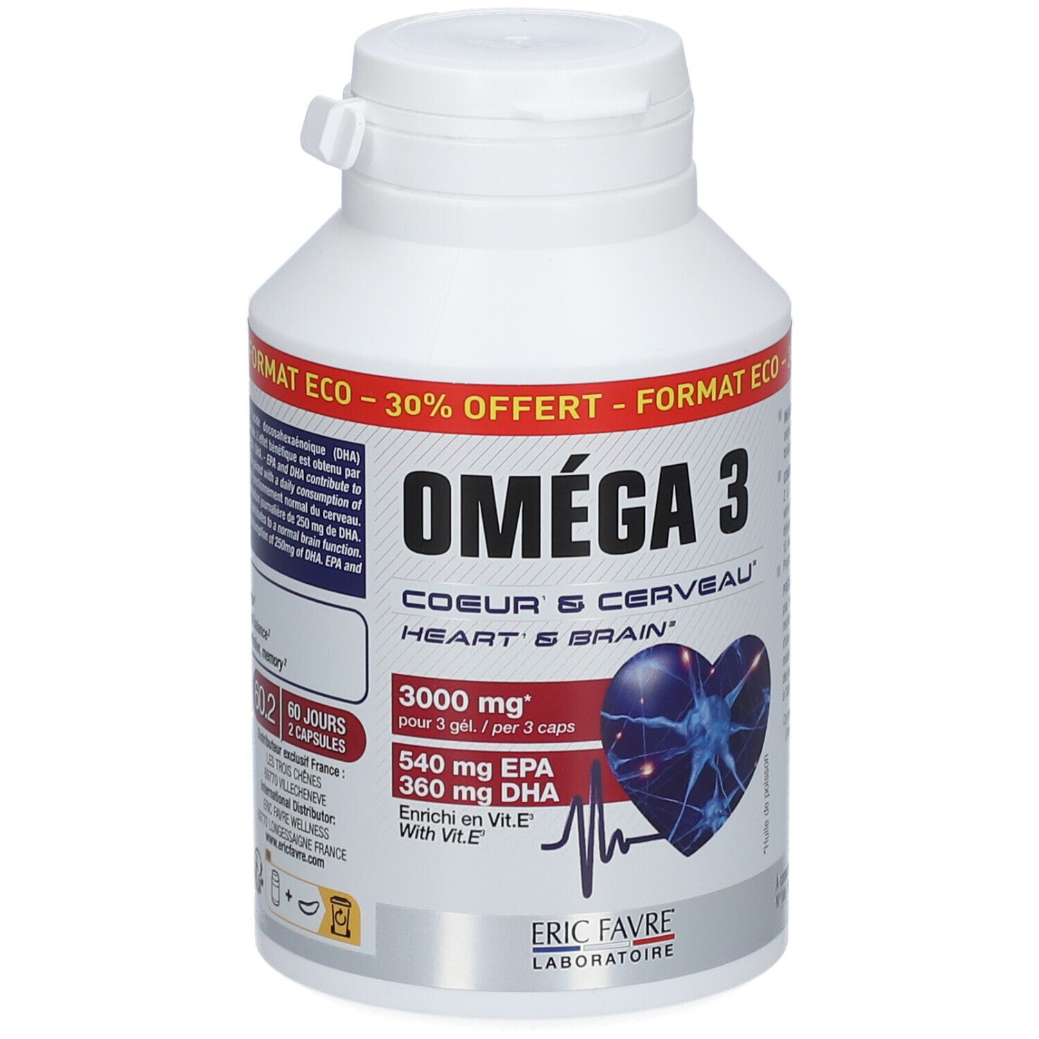 Weiße Flasche mit Omega 3 Kapseln. Aufschrift: Oméga 3, Coeur & Cerveau, Heart & Brain. Marke: ERIC FAVRE. Mit Herz- und Gehirn-Grafik.