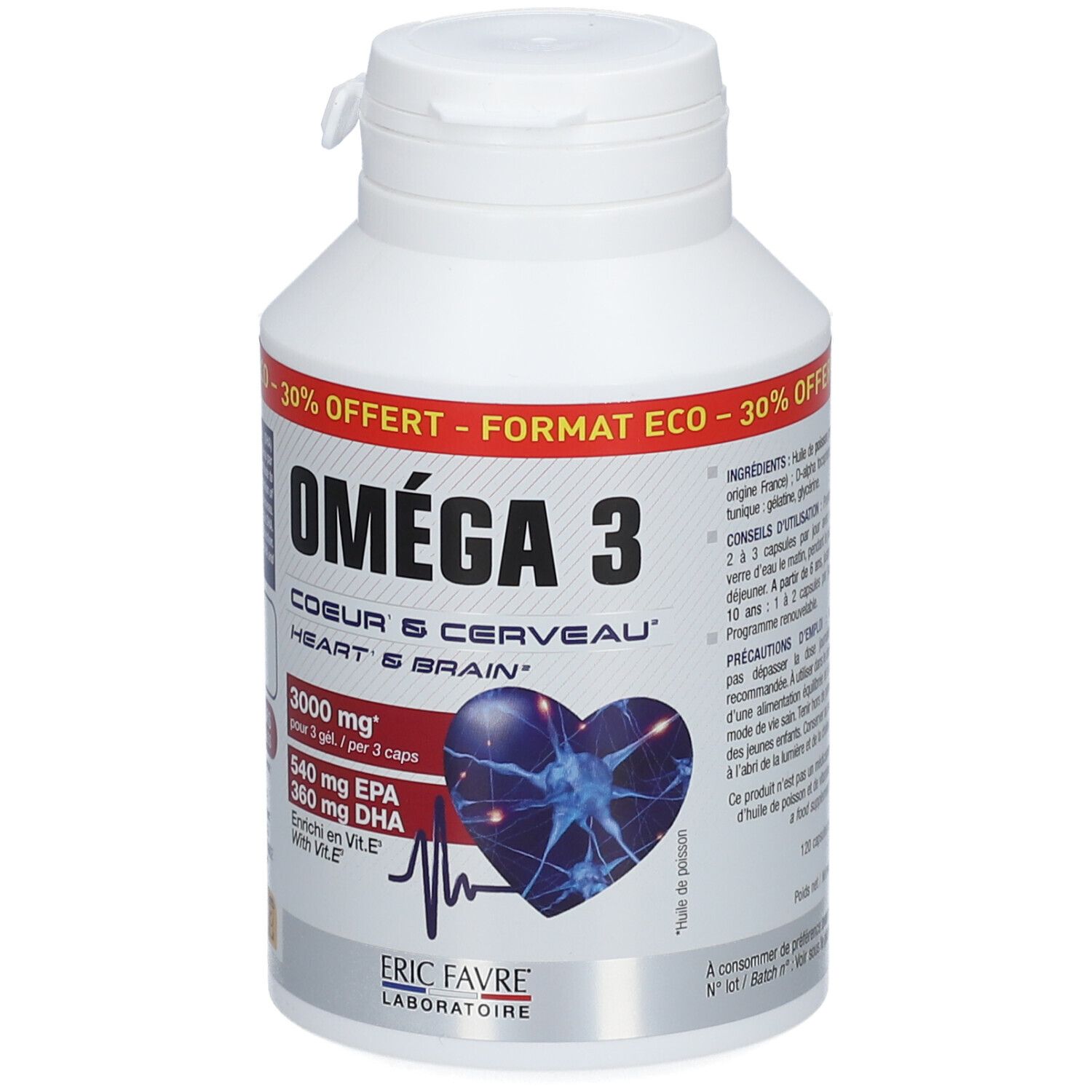 Weiße Flasche mit Omega 3 Kapseln. Aufschrift: Oméga 3, Coeur & Cerveau, Heart & Brain. Marke: ERIC FAVRE. Mit Herz- und Gehirn-Grafik.