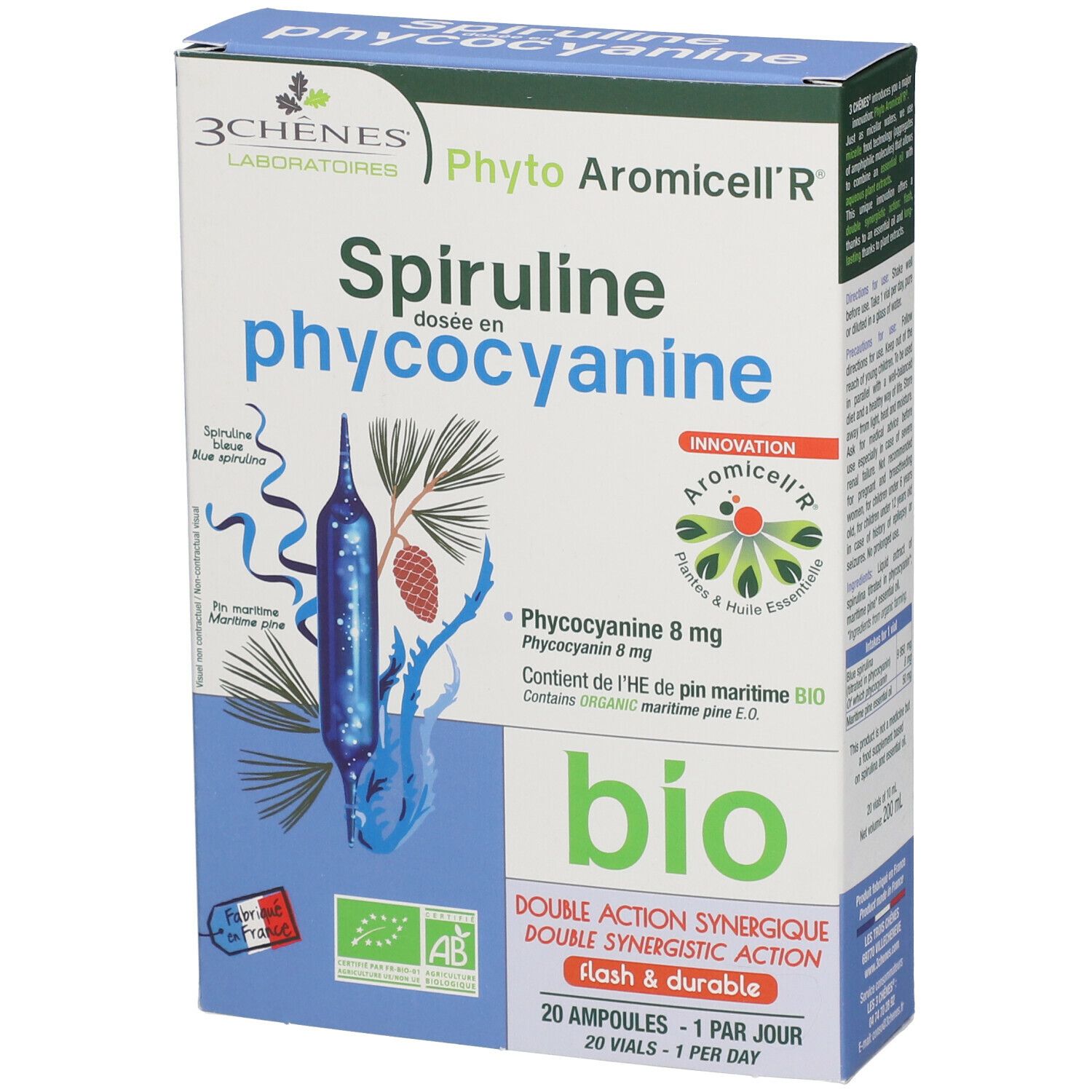 Boîte de Spiruline dosée en phycocyanine. 20 ampoules. Label bio. Marque: 3 Chênes.