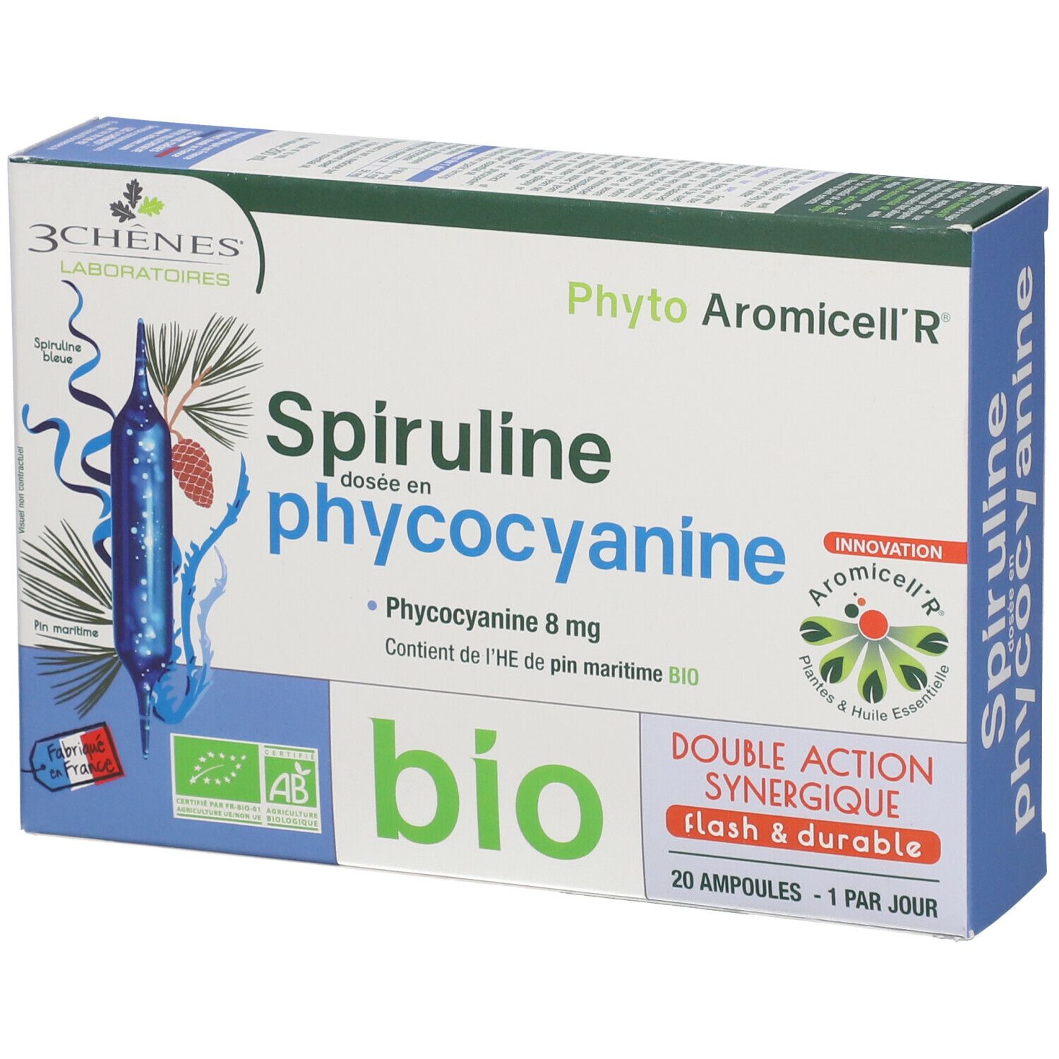 Boîte de Spiruline dosée en phycocyanine. 20 ampoules. Label bio. Marque: 3 Chênes.