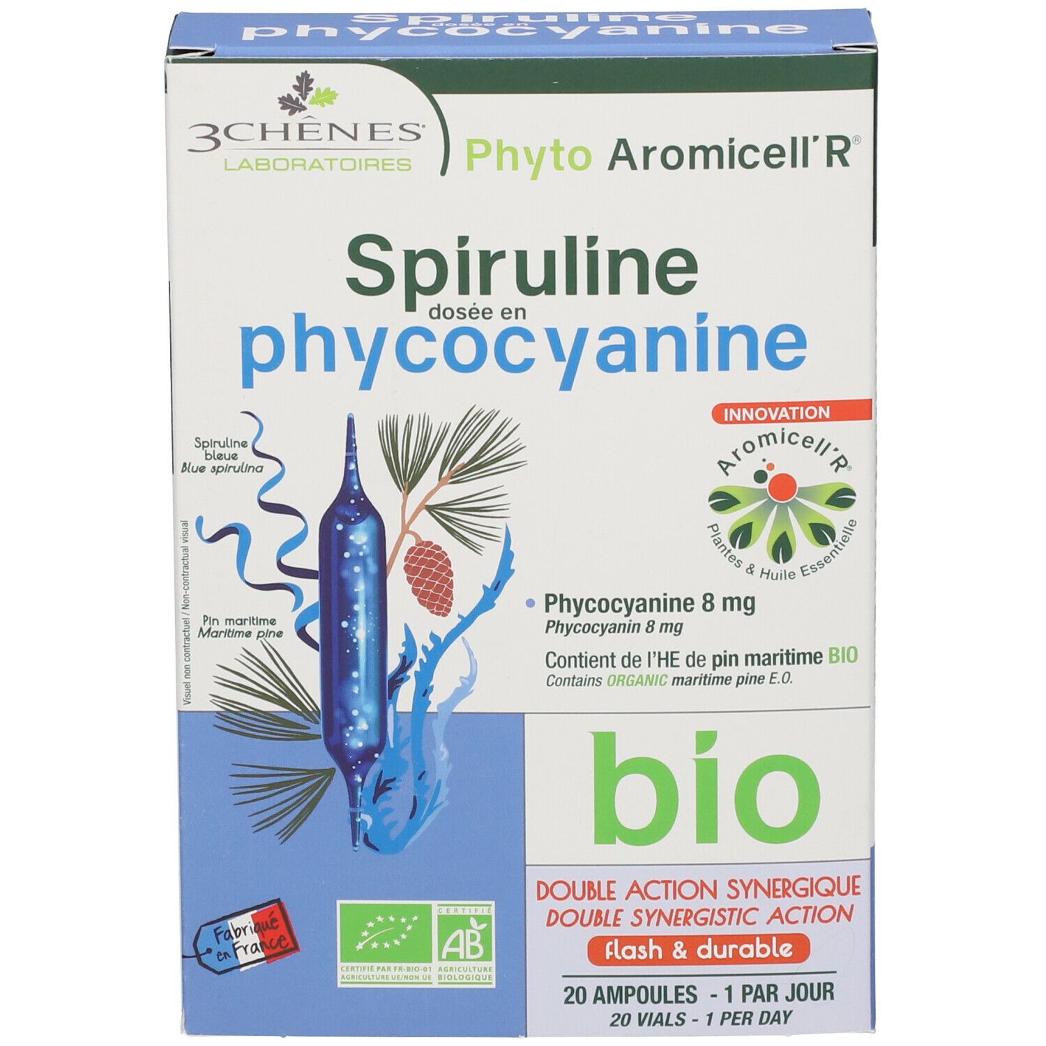 Boîte de Spiruline dosée en phycocyanine. 20 ampoules. Label bio. Marque: 3 Chênes.