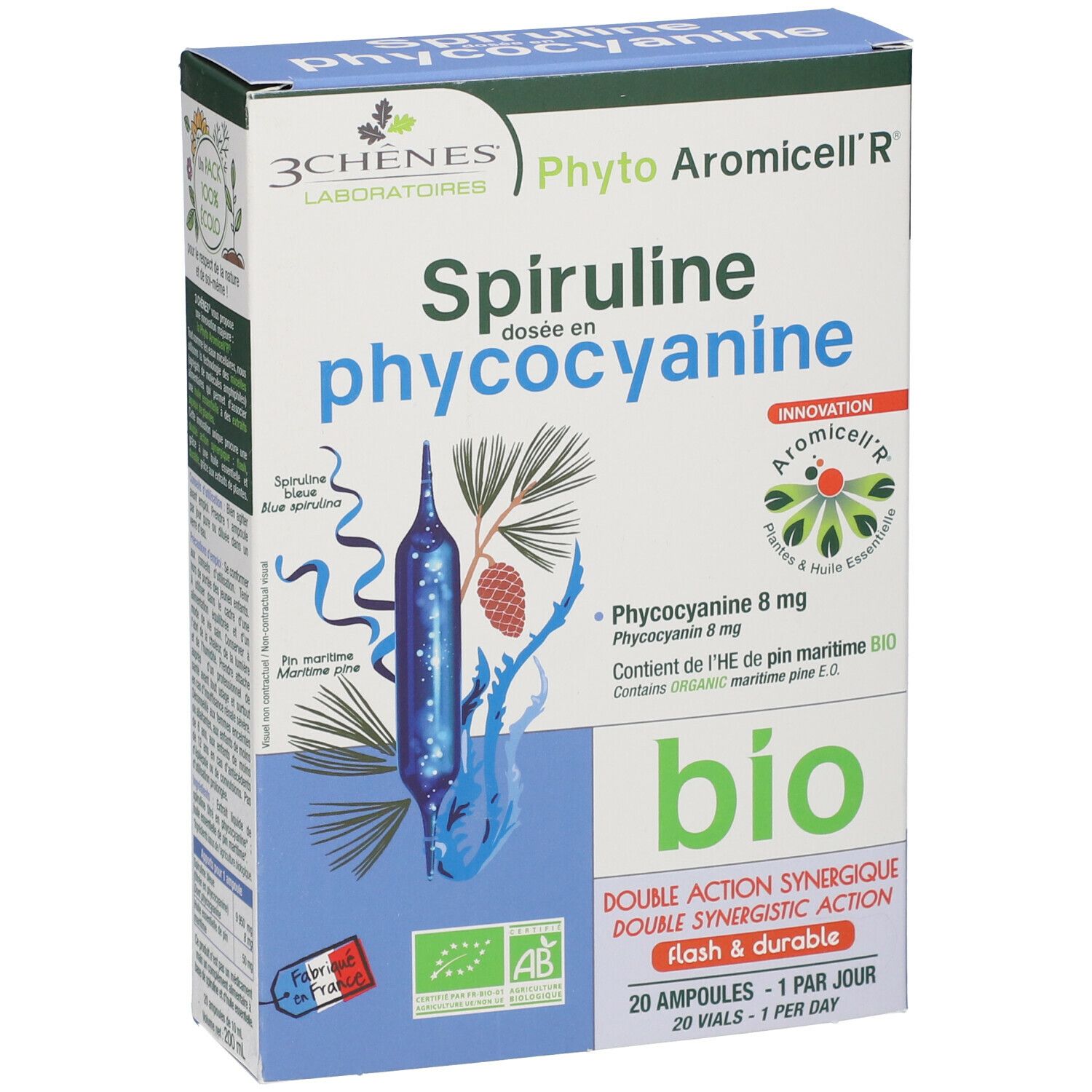 Boîte de Spiruline dosée en phycocyanine. 20 ampoules. Label bio. Marque: 3 Chênes.